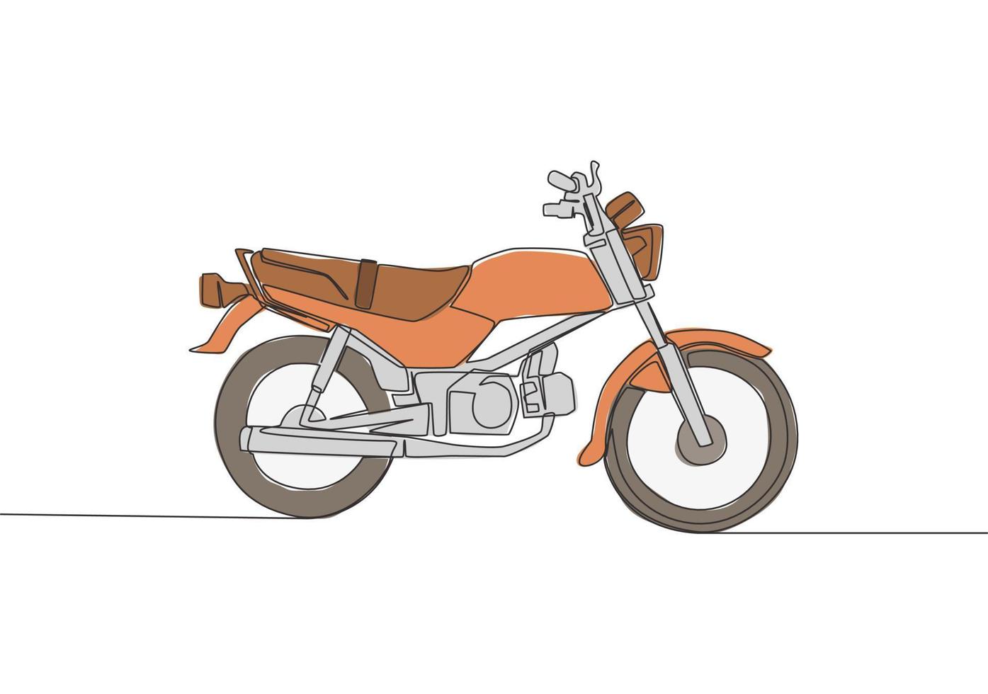 One single line drawing of vintage motorbike logo. Classic rural motorcycle concept. Continuous line draw design vector illustration