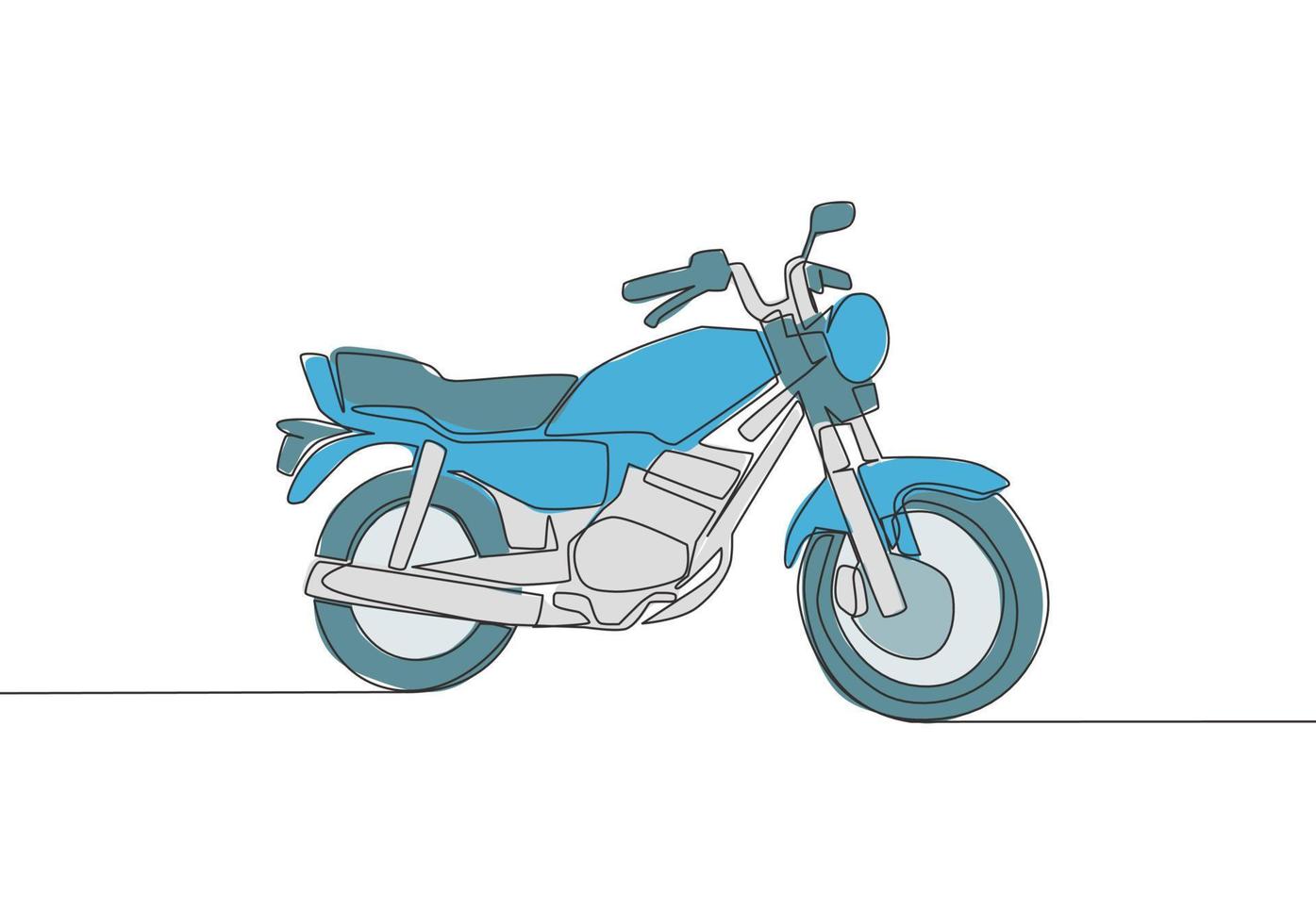 Single continuous line drawing of classic motorbike logo. Rural motorcycle concept. One line draw design vector illustration