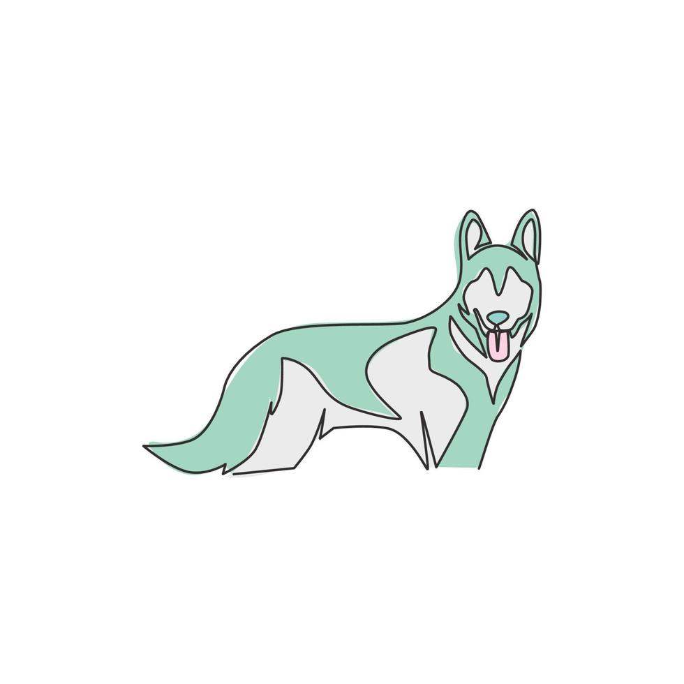 dibujo de línea continua única del icono de perro cachorro de husky siberiano lindo simple. concepto de vector de emblema de logotipo de animal de compañía. Ilustración gráfica de diseño de dibujo dinámico de una línea