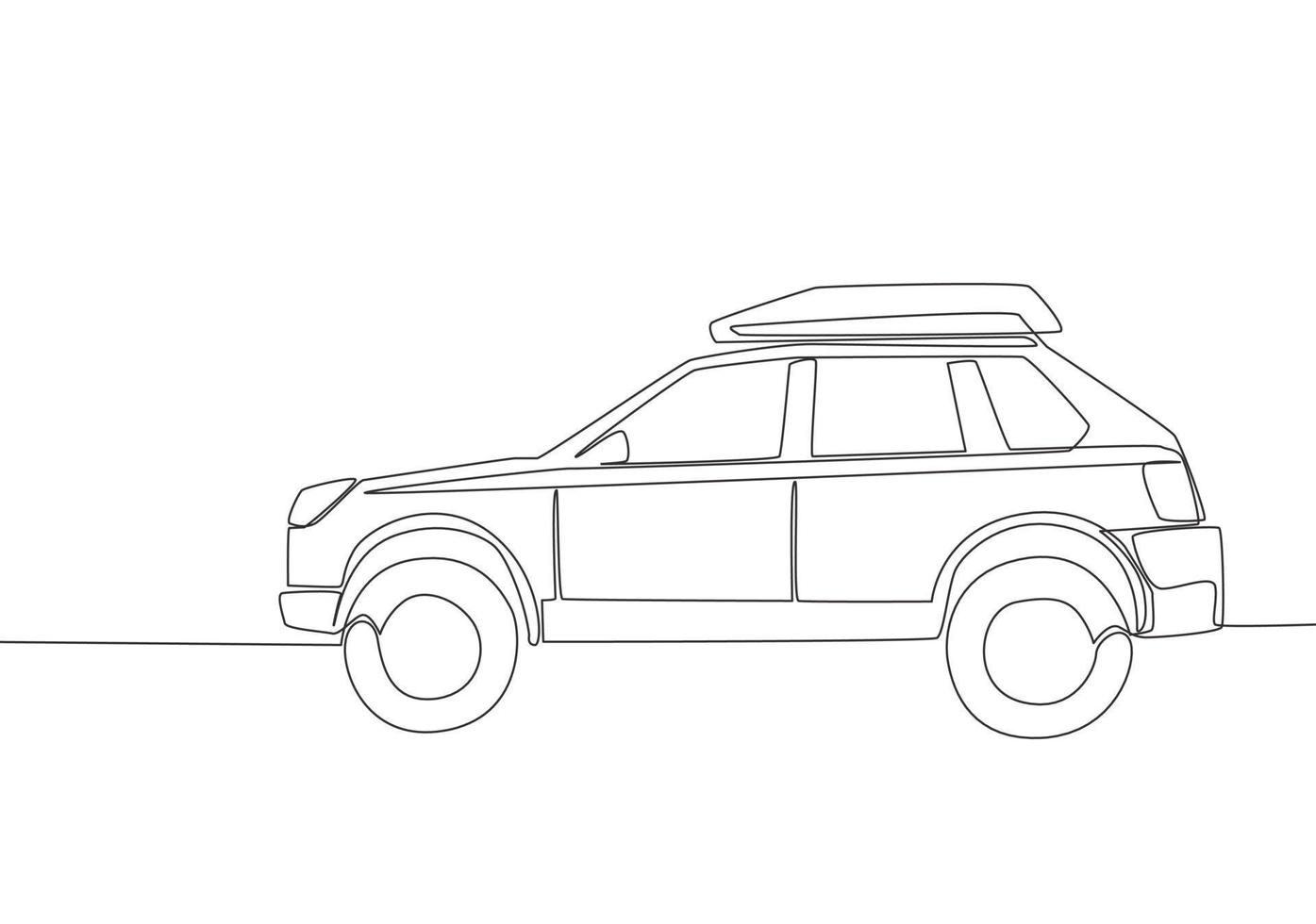 Continuous line drawing of tough suv car with roof rack. Adventure vehicle transportation concept. One single continuous line draw design vector