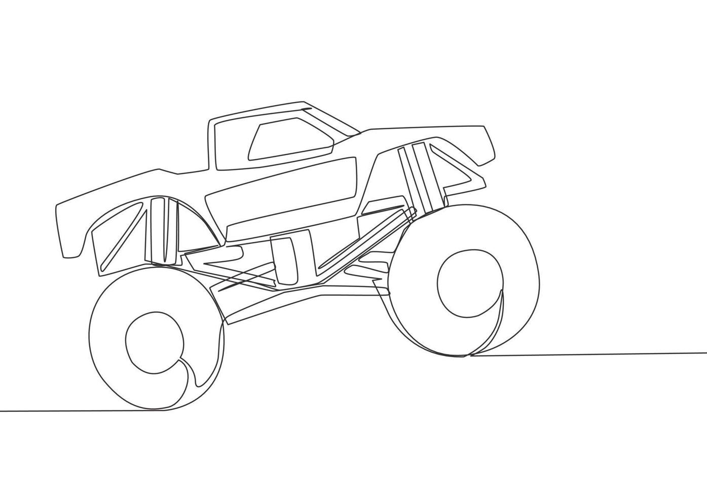 Single line drawing of 4x4 wheel steering monster truck car for competition and tournament. Adventure offroad vehicle transportation concept. One continuous line draw design vector