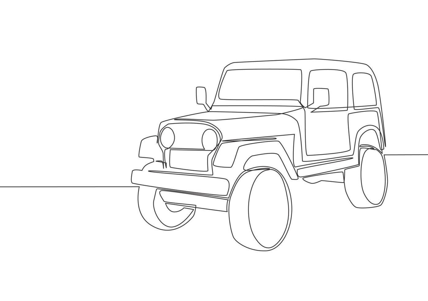 Single line drawing of 4x4 speed trail hill jeep car. Offroad adventure rally vehicle transportation concept. One continuous line draw design vector