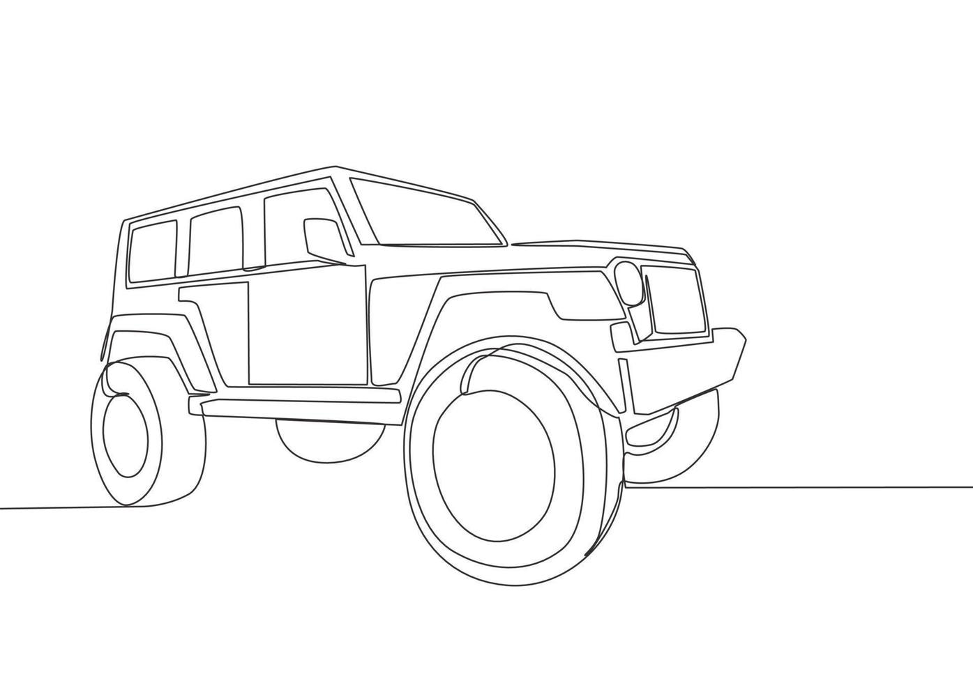 Single line drawing of 4x4 wheel drive tough jeep trail car. Adventure offroad rally vehicle transportation concept. One continuous line draw design vector