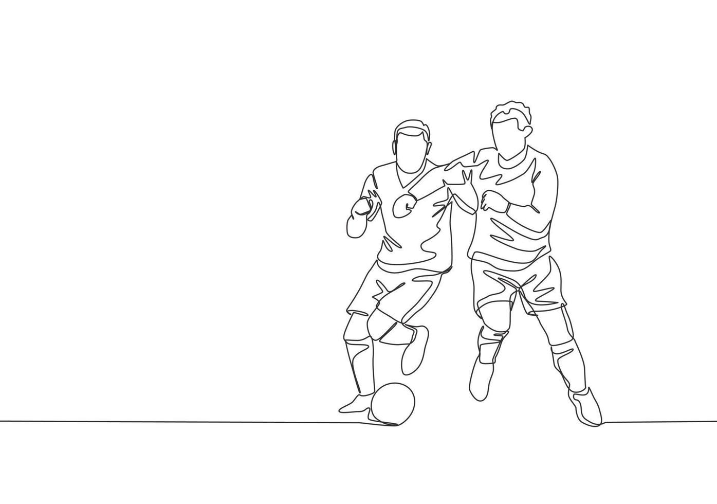 Single continuous line drawing of young energetic football player elbow opponent player while fighting for the ball. Soccer match sports concept. One line draw design vector illustration