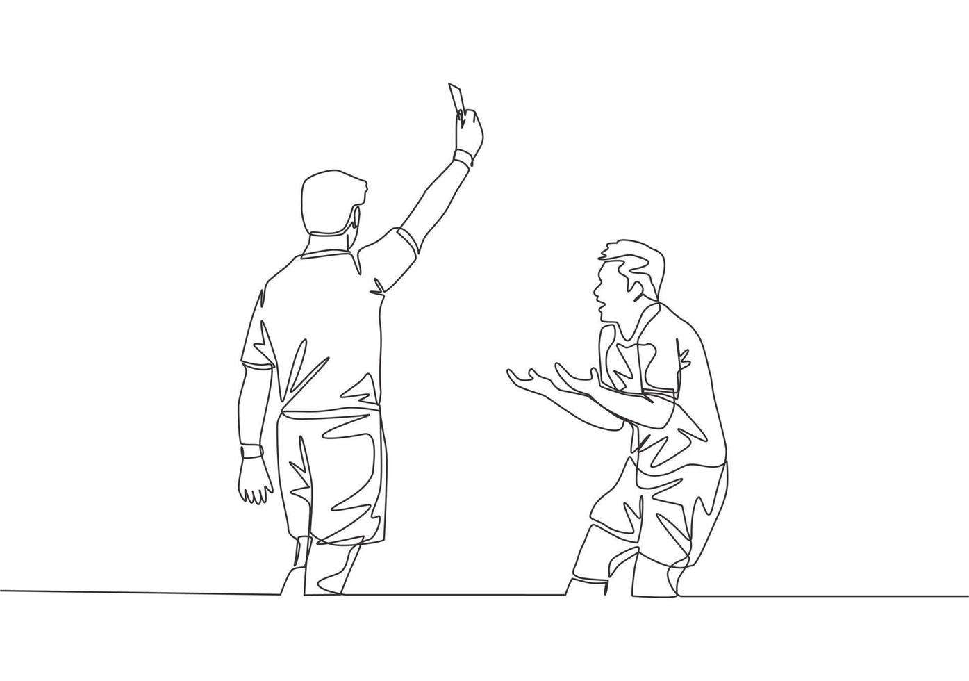 Single continuous line drawing of referee punished young football player a yellow card to his foul at the game. Soccer match sports concept. One line draw design vector illustration