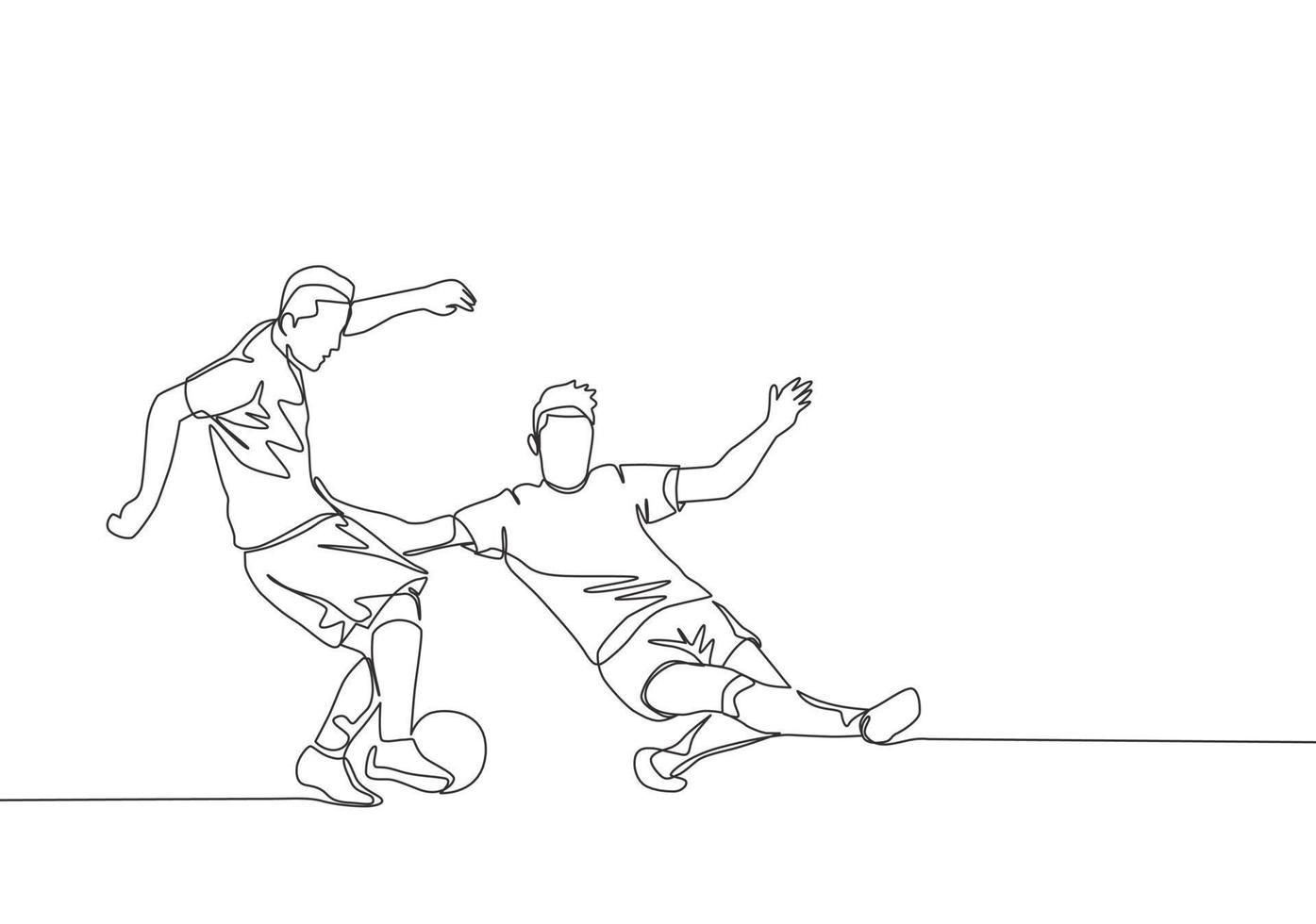 soltero continuo línea dibujo de joven energético fútbol americano jugador corredizo adversario jugador cuando él quiere a regate pasar a él. fútbol partido Deportes concepto. uno línea dibujar diseño vector ilustración