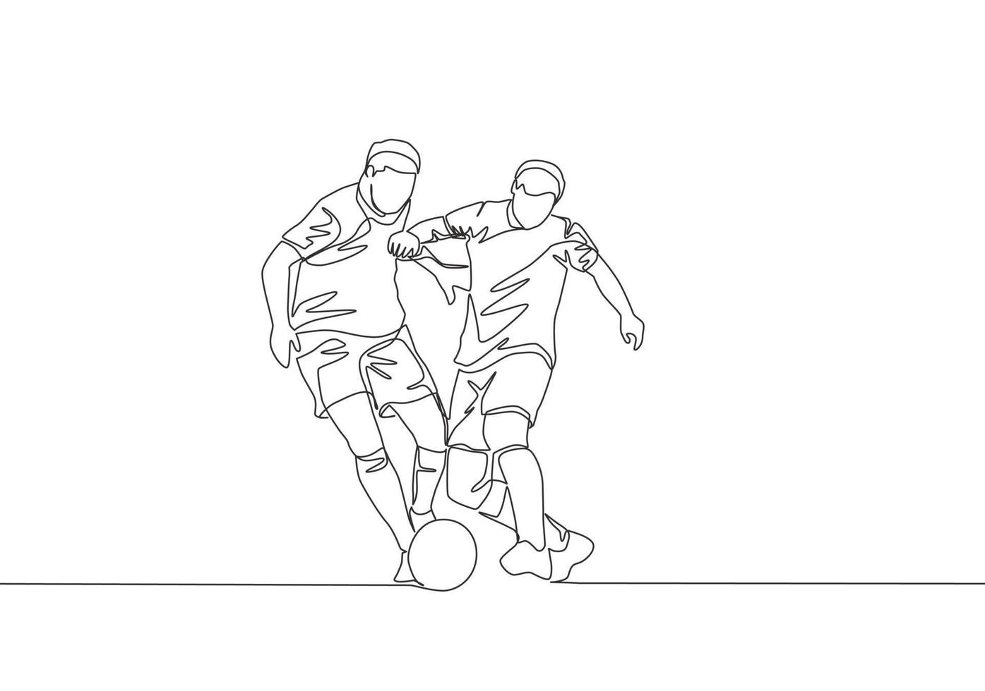 One continuous line drawing of young energetic football player try to pass opponent defender and score the ball to the goal. Soccer match sports concept. Single line draw design vector illustration