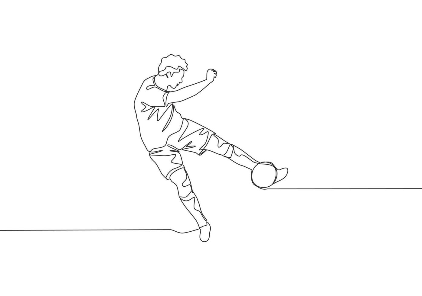 One continuous line drawing of young talented football player shooting the ball with first time kick technique. Soccer match sports concept. Single line draw design vector illustration
