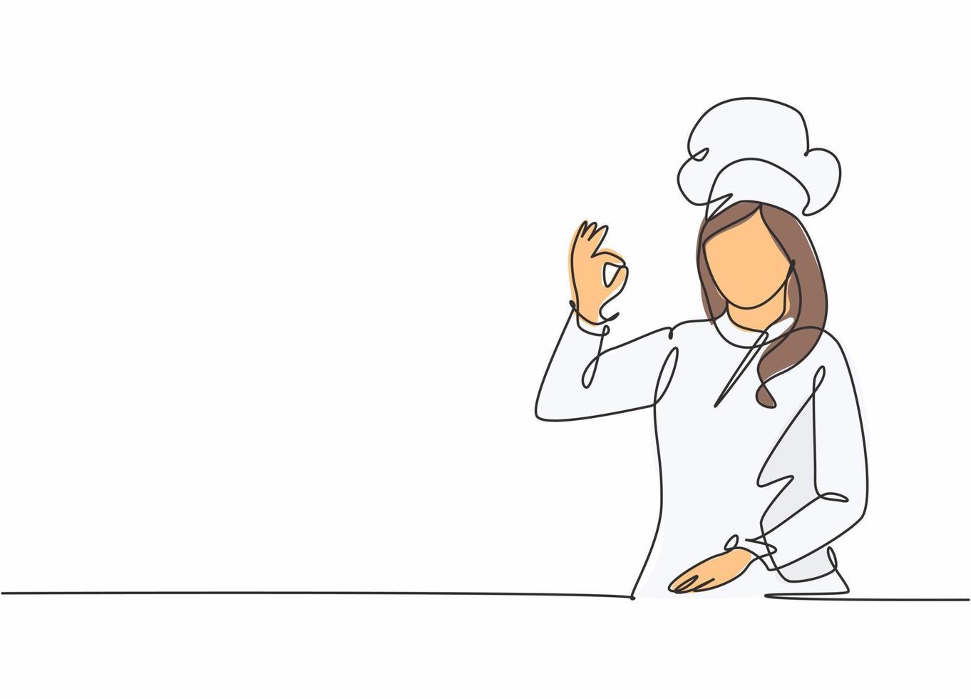 dibujo de línea continua única de la joven chef excitada belleza atractiva pose de pie y dando un gesto bien. Concepto de banner de restaurante diseño de dibujo de una línea ilustración gráfica de vector