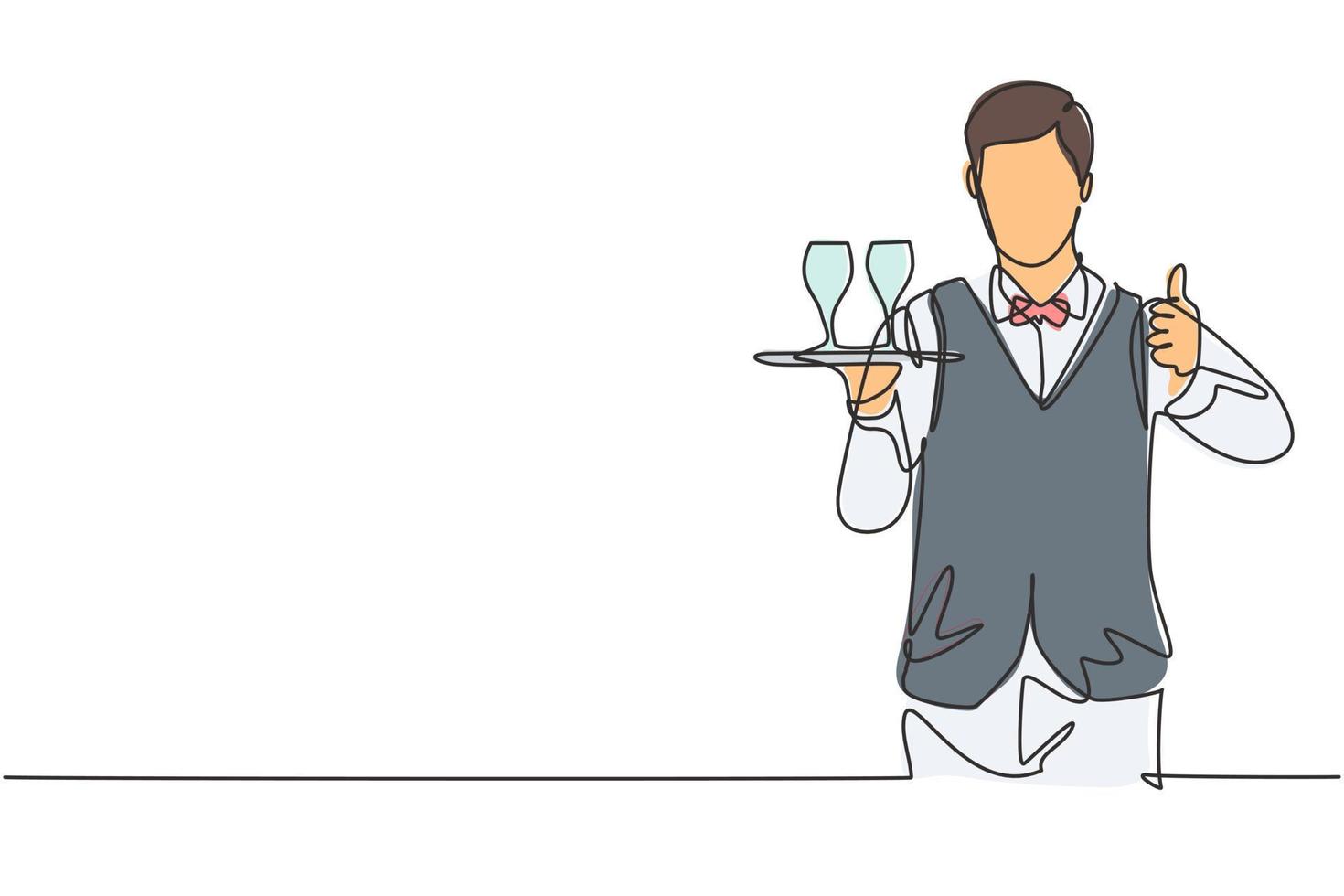 Single continuous line drawing waiter with a gesture raised his thumb and brought a tray of drinking glasses serving visitors at the cafeteria. Dynamic one line draw graphic design vector illustration