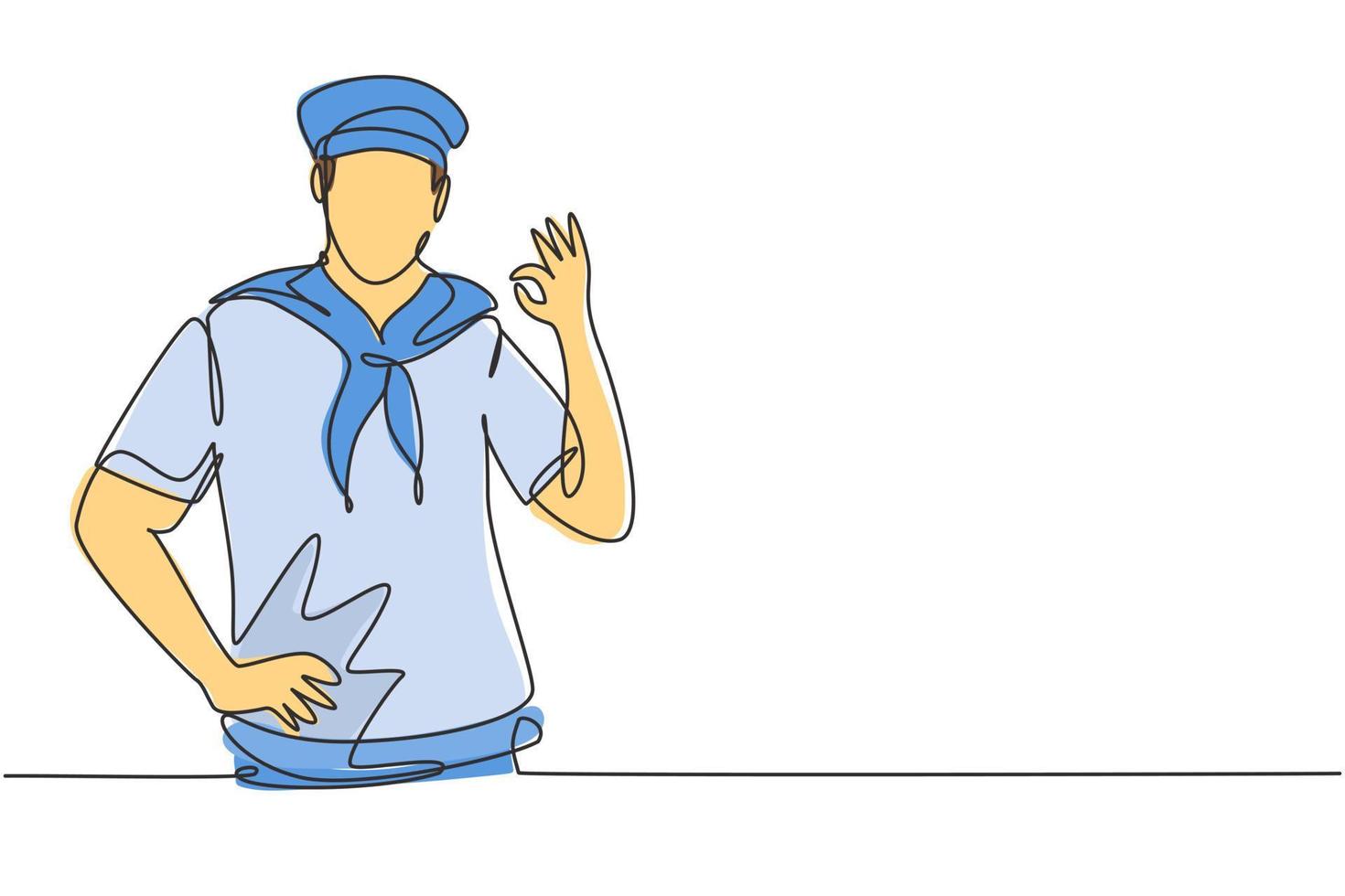 Un marinero de dibujo continuo de una línea con un gesto bien y un pañuelo alrededor del cuello listo para navegar a través de los mares en un barco encabezado por el capitán. trabajo exitoso. Ilustración gráfica de vector de diseño de dibujo de una sola línea