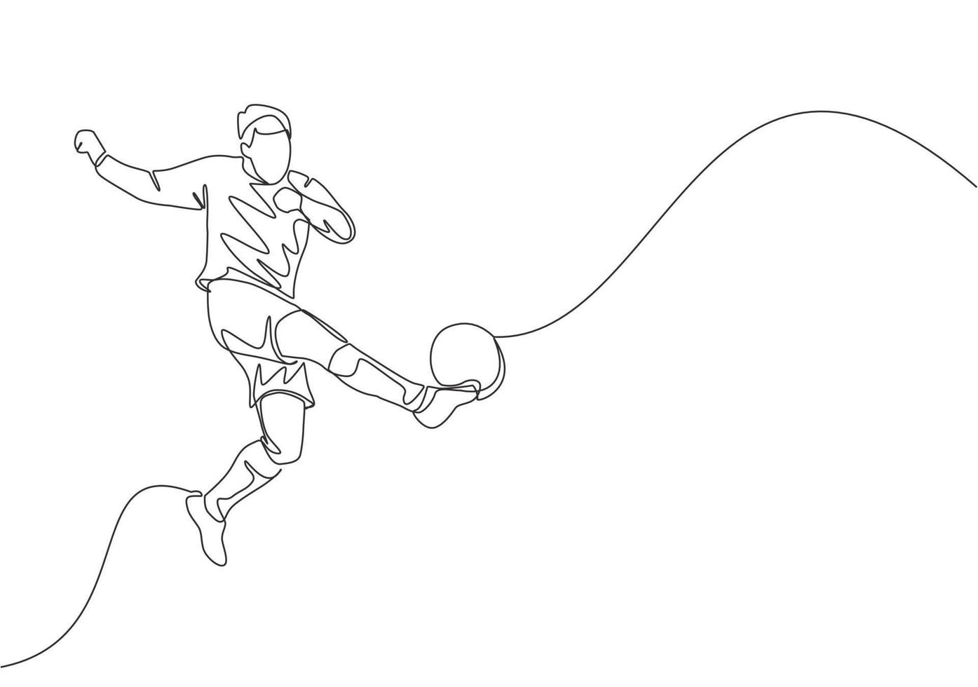 uno soltero línea dibujo de joven talentoso fútbol americano jugador ganar el pelota y Disparo el primero hora técnica patada. fútbol partido Deportes concepto. continuo línea dibujar diseño vector ilustración