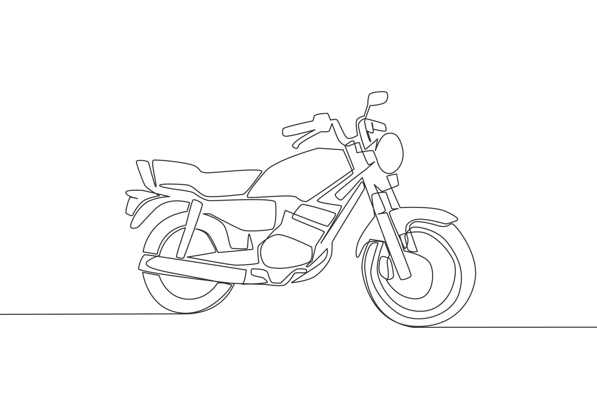 Single continuous line drawing of classic motorbike logo. Rural