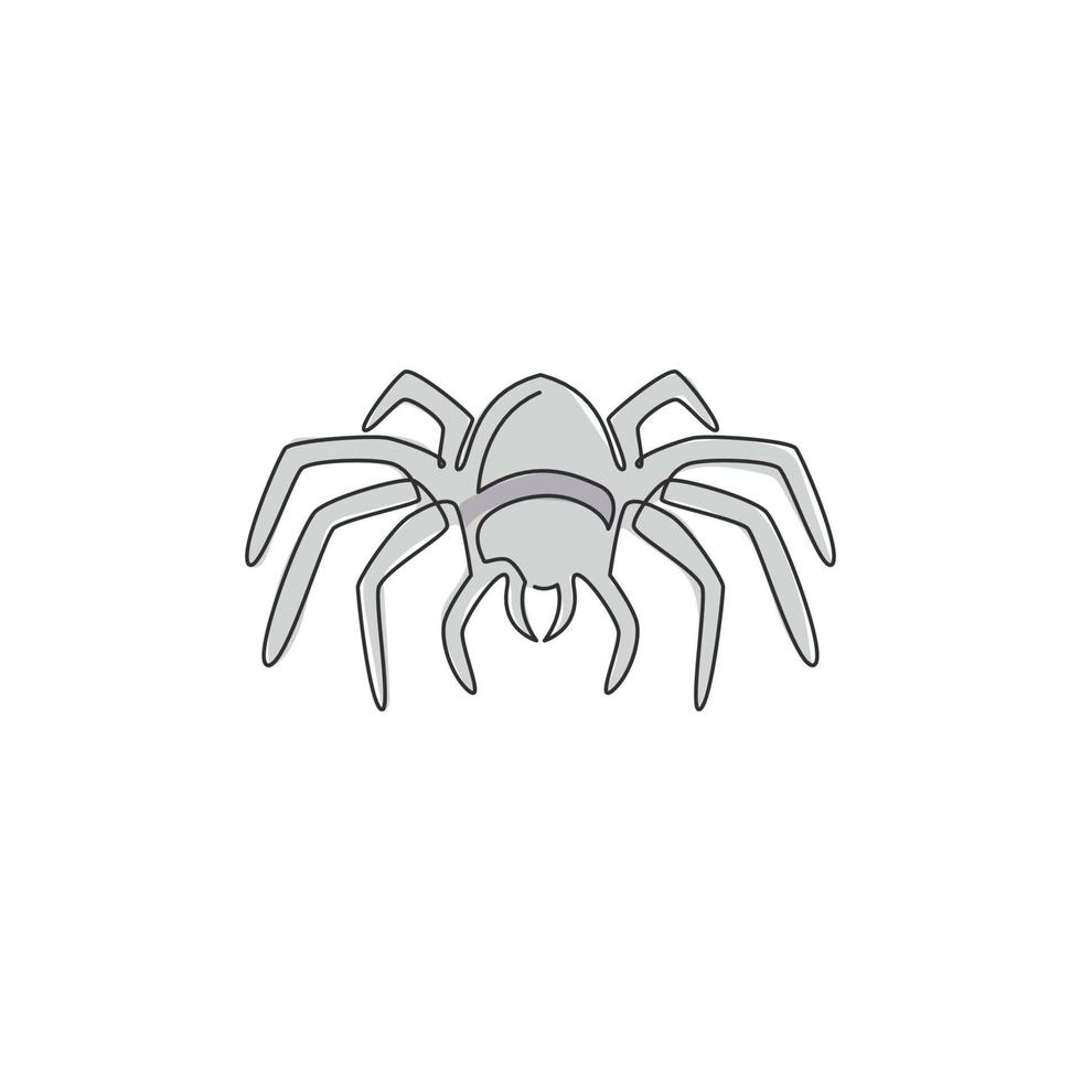 Single continuous line drawing of big wild spider for logo symbol identity. Cute pet animal concept for insect lover icon. Dynamic one line draw design vector graphic illustration