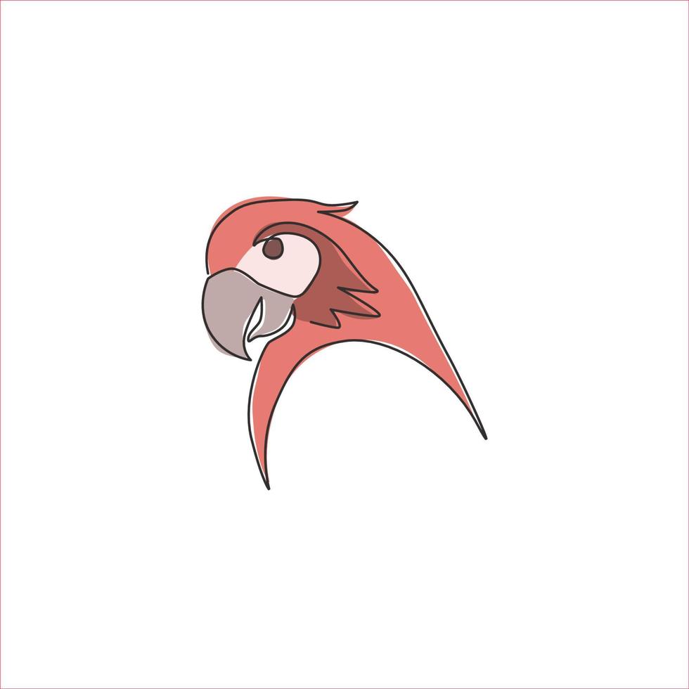 One continuous line drawing of cute parrot bird head for logo identity. Aves animal mascot concept for national conservation park icon. Trendy single line draw design vector graphic illustration