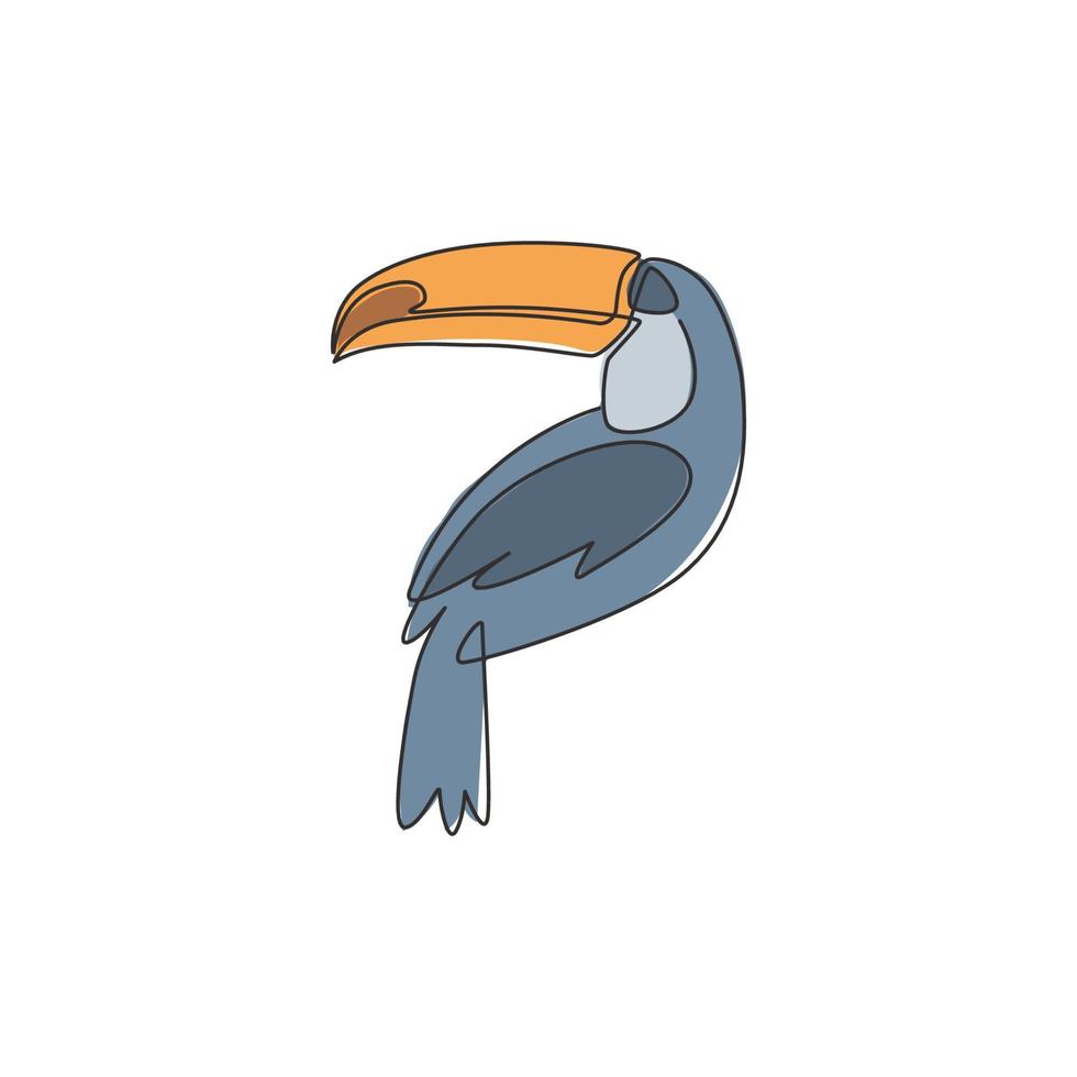 One continuous line drawing of cute toucan bird with big beak for logo identity. Exotic animal mascot concept for national conservation park icon. Single line draw design graphic vector illustration