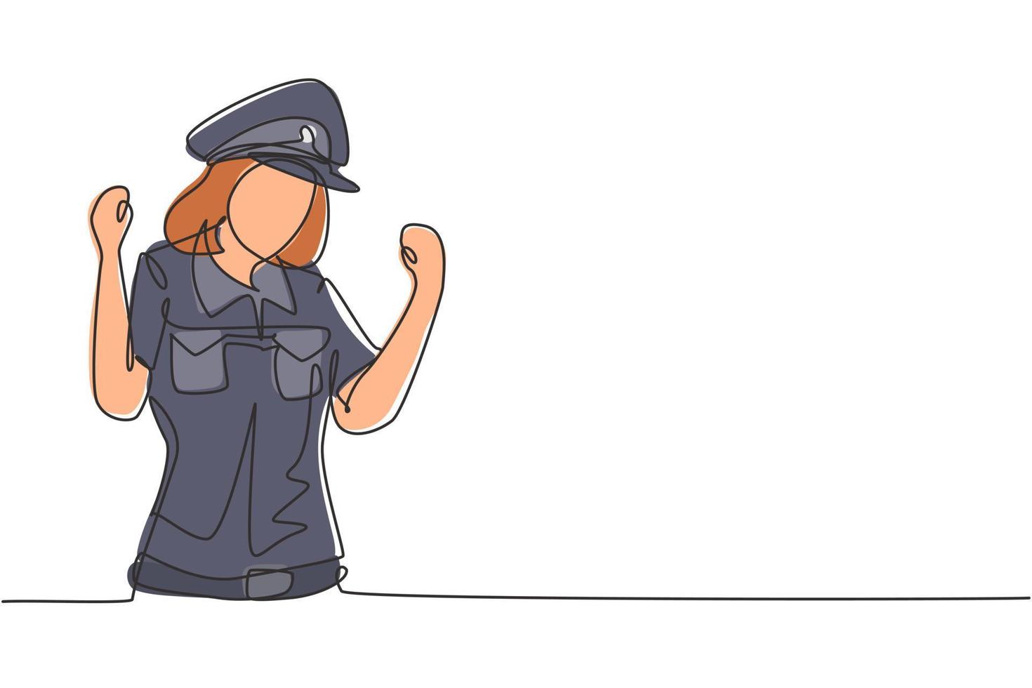 La mujer policía de dibujo continuo de una línea con gesto de celebración y uniforme completo está lista para imponer la disciplina de tráfico en la carretera. patrulla de reserva. Ilustración gráfica de vector de diseño de dibujo de una sola línea