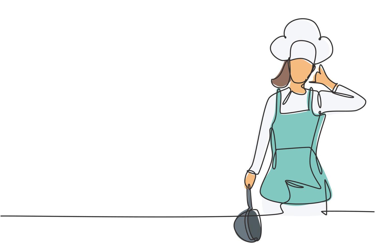 Continuous one line drawing female chef with call me gesture, holding pan and wearing cooking uniforms ready to cook meals for restaurants guests. Single line draw design vector graphic illustration