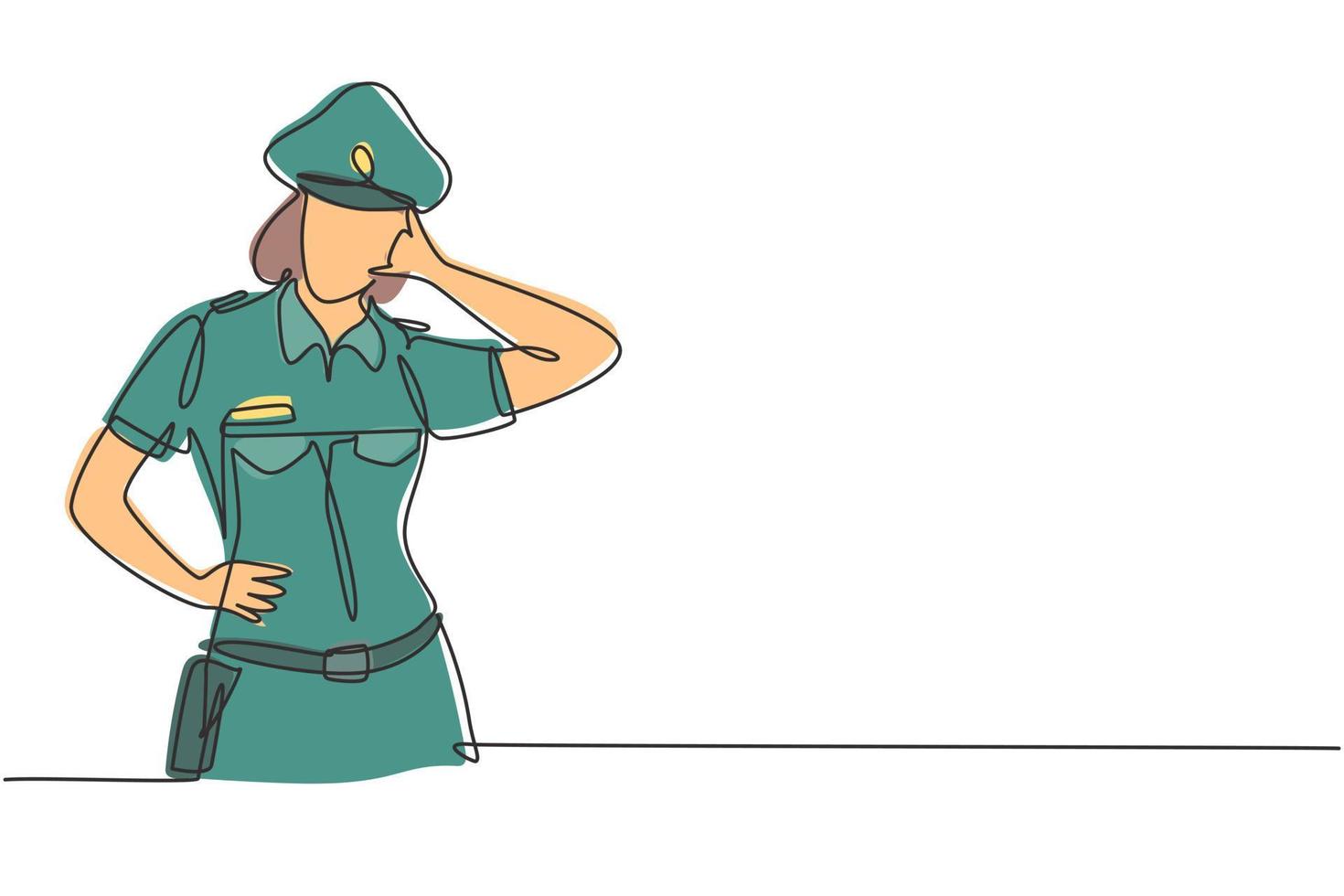 Una sola mujer policía de dibujo de una línea con gesto de llamarme y uniforme completo está lista para imponer la disciplina de tráfico en la carretera. en espera de patrulla. Ilustración de vector gráfico de diseño de dibujo de línea continua