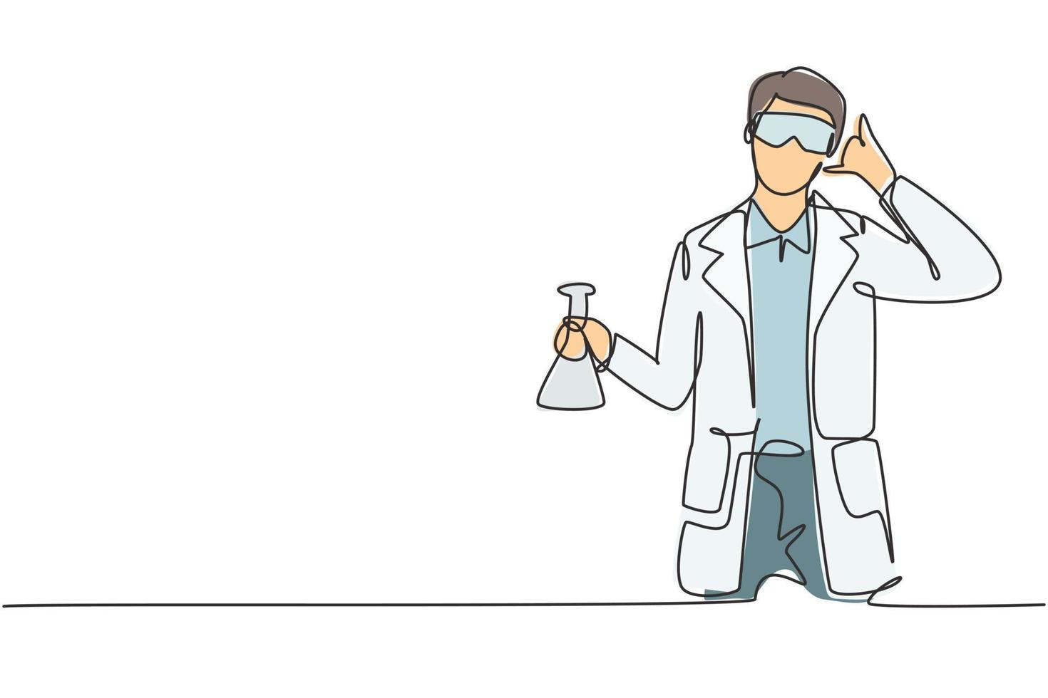 Single one line drawing scientist with call me gesture and holding measuring tube to examining chemical solution to make vaccine. Success job. Continuous line draw design graphic vector illustration