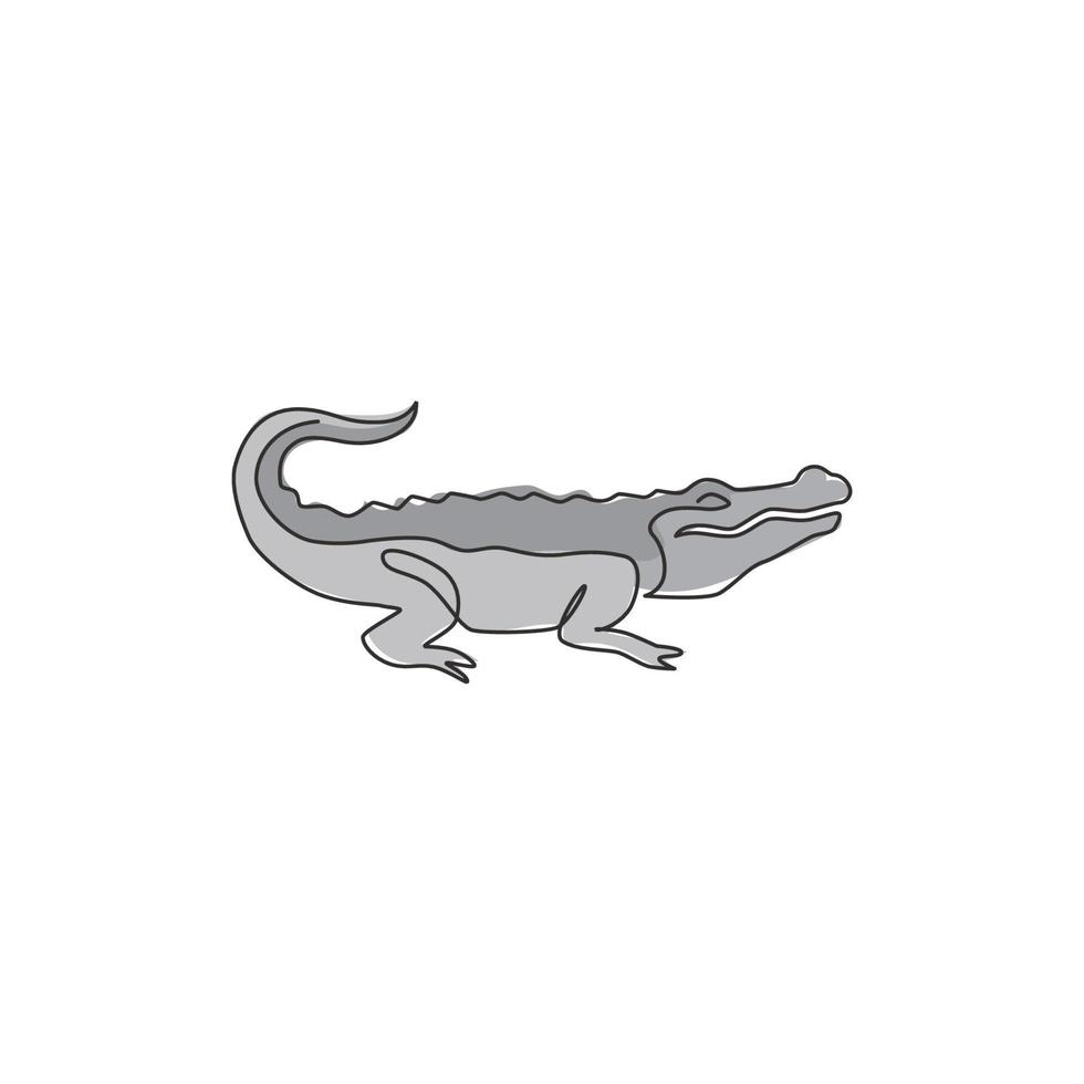 un dibujo de una sola línea de cocodrilo de pantano de río para la identidad del logotipo. Concepto de cocodrilo animal reptil aterrador para el icono del zoológico nacional. Ilustración de vector de diseño gráfico de dibujo de línea continua de moda