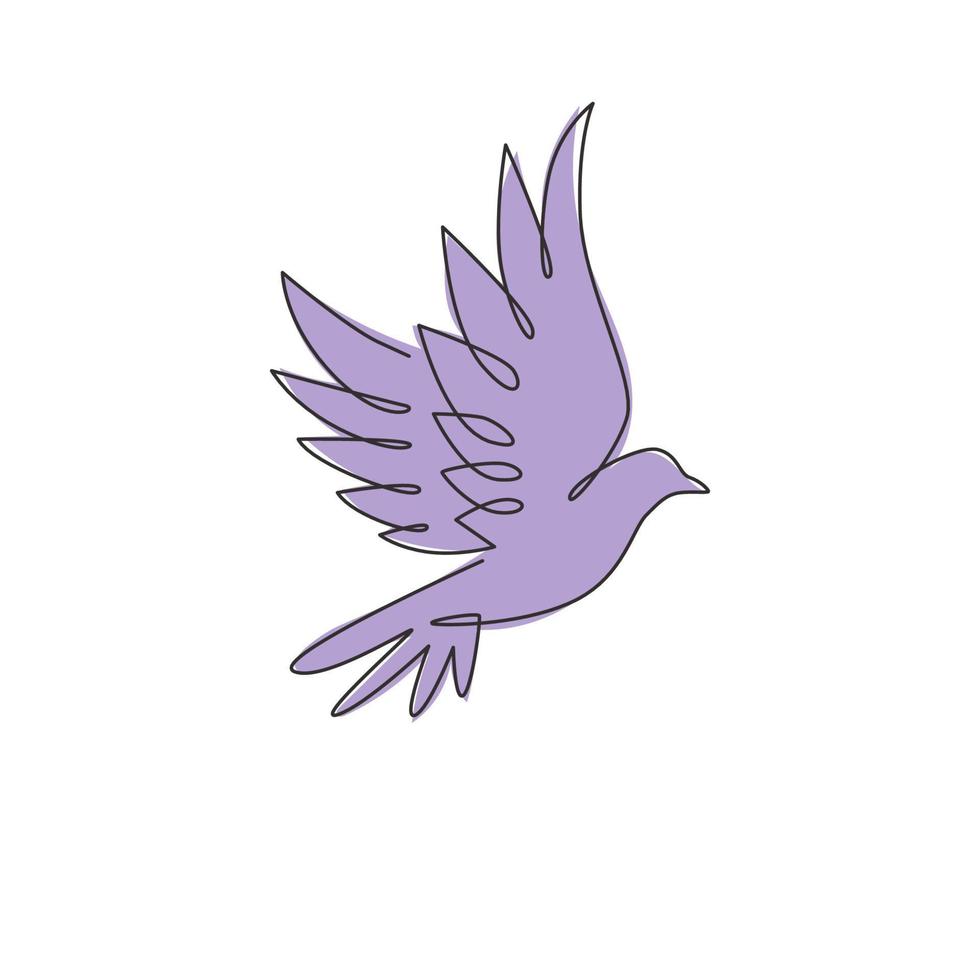 One continuous line drawing of cute flying dove bird for logo identity. Peace and freedom symbol mascot concept for national labor movement icon. Single line draw design vector illustration graphic