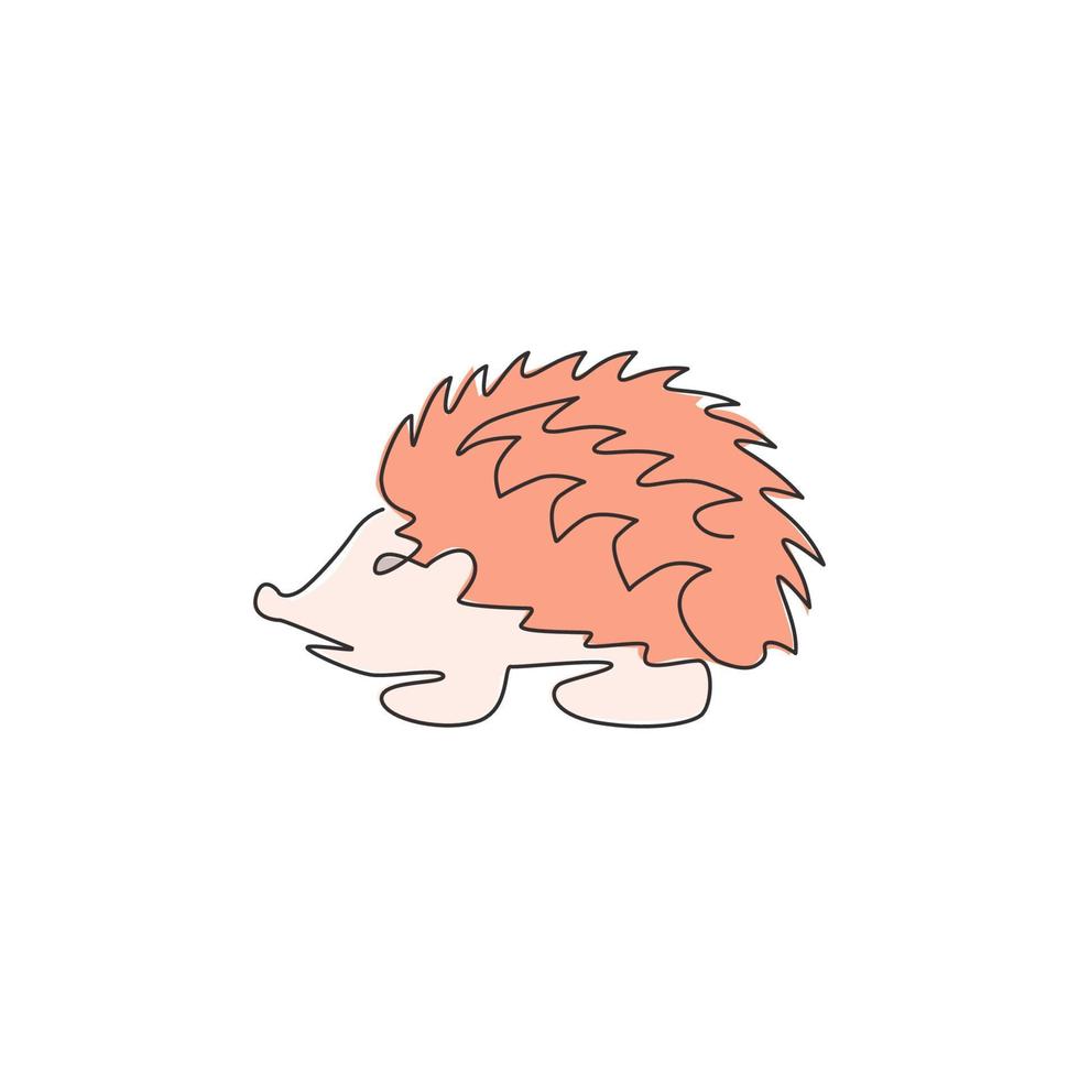 Single continuous line drawing of cute little baby hedgehog for logo identity. Funny thorny mammal rodent concept for pet lover icon. Trendy one line graphic draw design vector illustration