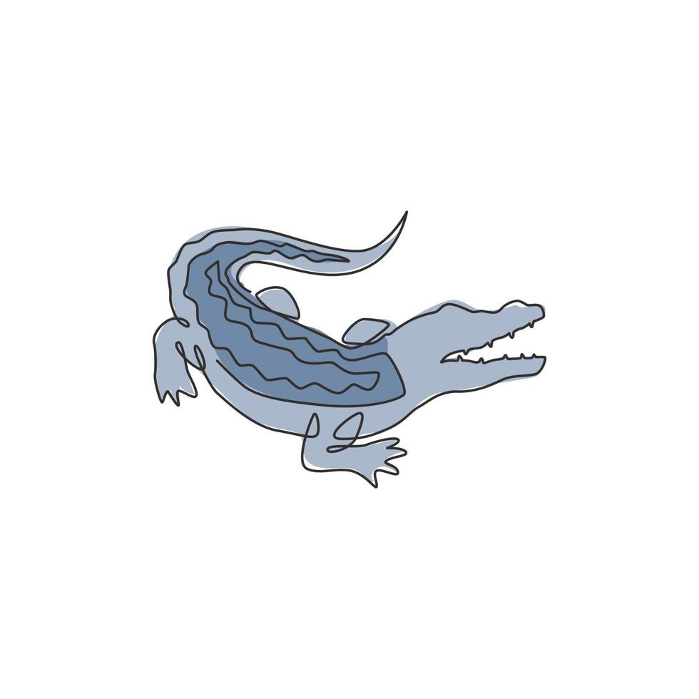 Single continuous line drawing of wild rough alligator with mouth opened for logo identity. Crocodile reptile concept for conservation park icon. Dynamic one line draw design vector illustration