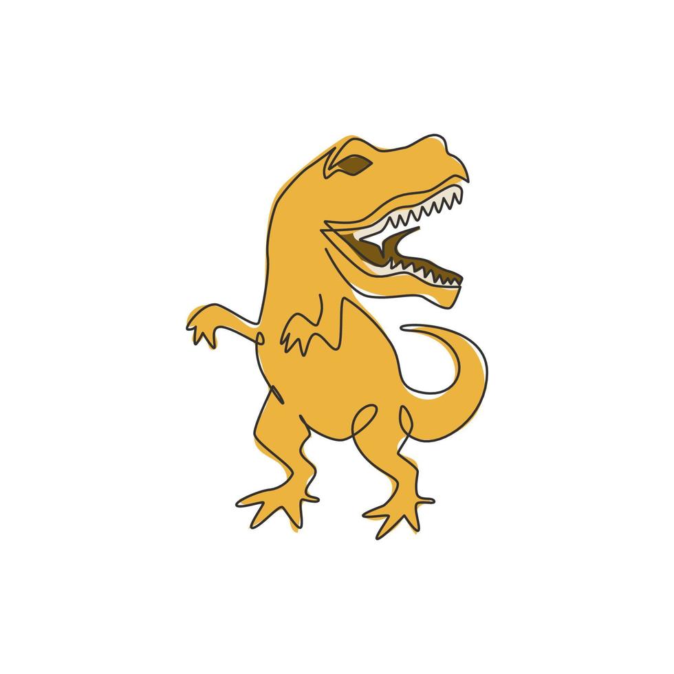 One single line drawing of wild and aggressive t-rex for logo identity. Dino animal mascot concept for prehistoric theme park icon. Trendy continuous line draw graphic design vector illustration