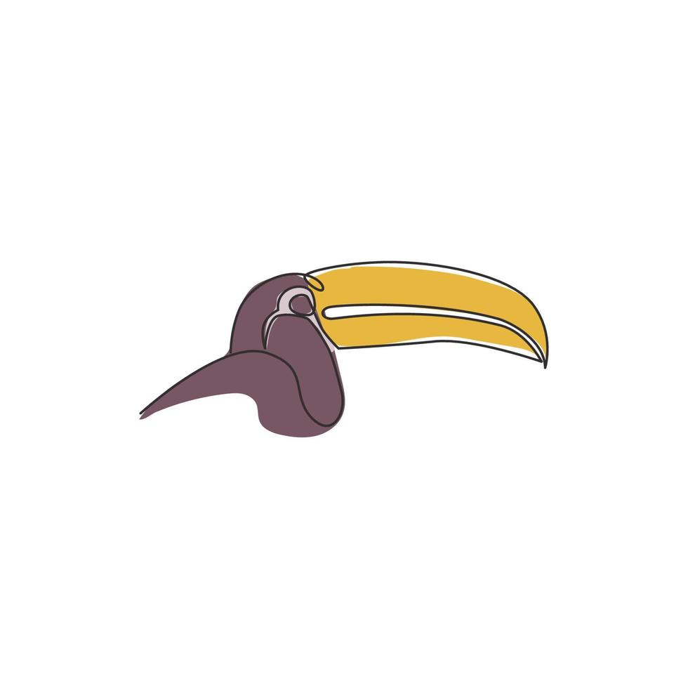 Single continuous line drawing of adorable toucan bird head with big beak for logo identity. Endangered animal mascot concept for national zoo icon. One line graphic draw design vector illustration