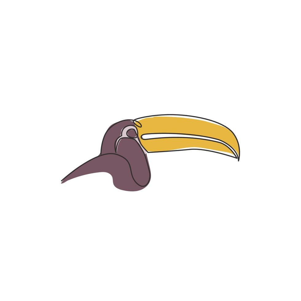 dibujo de una sola línea continua de una adorable cabeza de pájaro tucán con un pico grande para la identidad del logotipo. concepto de mascota animal en peligro de extinción para el icono del zoológico nacional. Ilustración de vector de diseño de dibujo gráfico de una línea