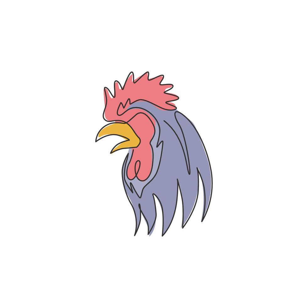 Single continuous line drawing of brave rooster for e-sport team logo identity. Cock mascot concept for online game group icon. Modern one line draw design graphic vector illustration