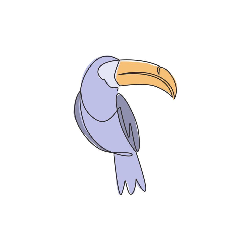 Single continuous line drawing of adorable toucan bird with big beak for logo identity. Endangered animal mascot concept for national zoo icon. Trendy one line draw graphic design vector illustration