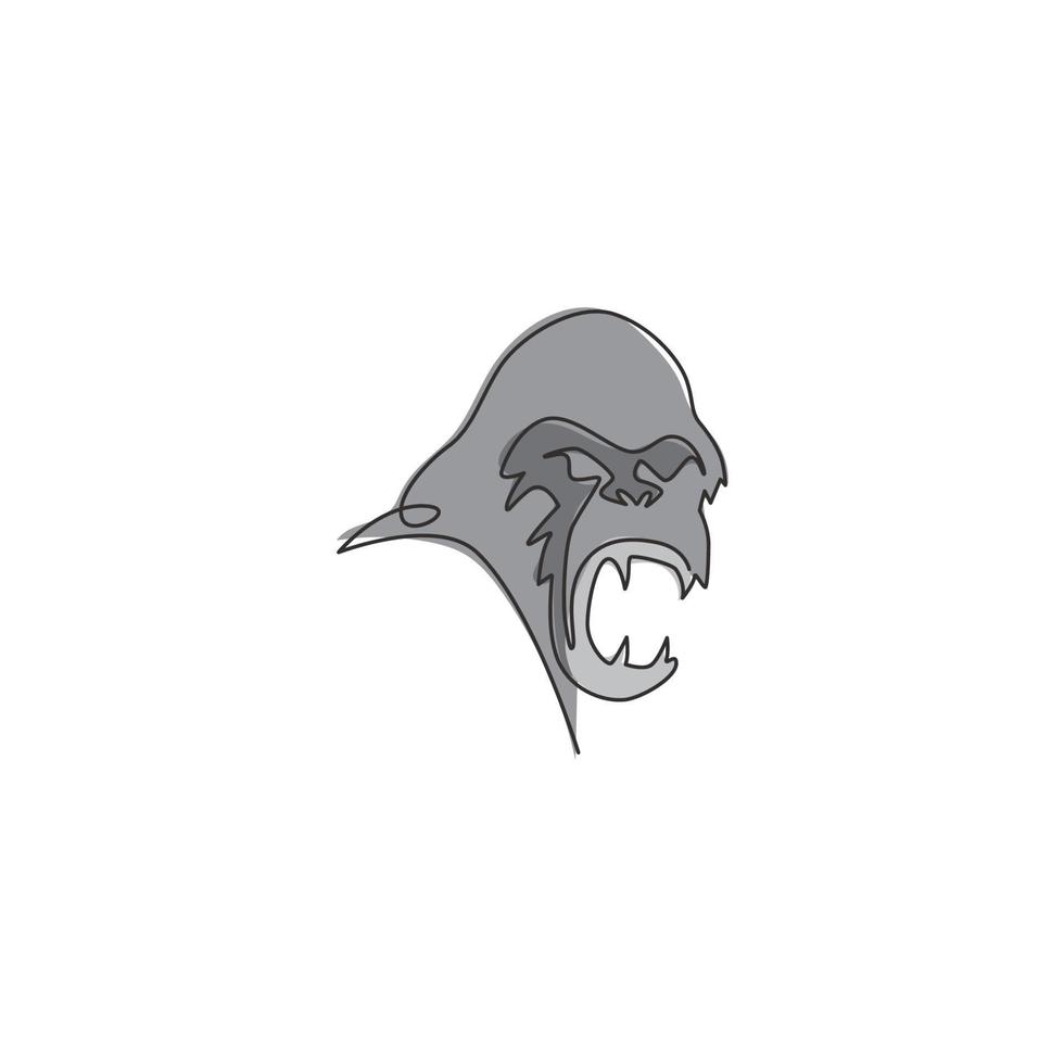 Single continuous line drawing of gorilla head for national zoo logo identity. Ape primate animal portrait mascot concept for e-sport team club icon. One line draw graphic design vector illustration