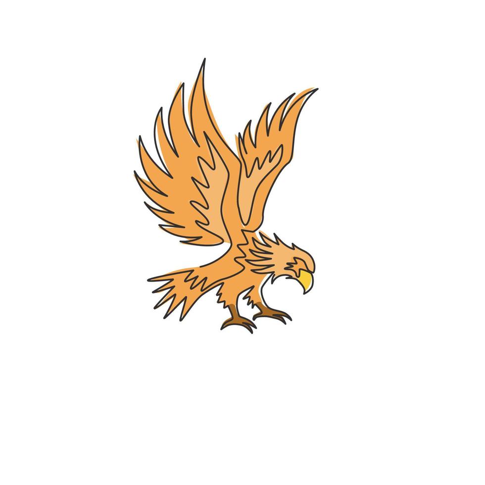 un dibujo de línea continua de un águila fuerte para la identidad del logotipo del servicio de entrega. concepto de mascota de halcón para icono de parque conservador de aves. Ilustración de diseño de dibujo de gráfico de vector de línea única dinámica