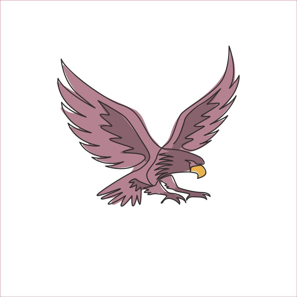 un dibujo de una sola línea de un pájaro águila fuerte para la identidad del logotipo de la empresa. concepto de mascota de halcón para el icono de la fuerza aérea. Ilustración de diseño de dibujo de línea gráfica de vector continuo moderno