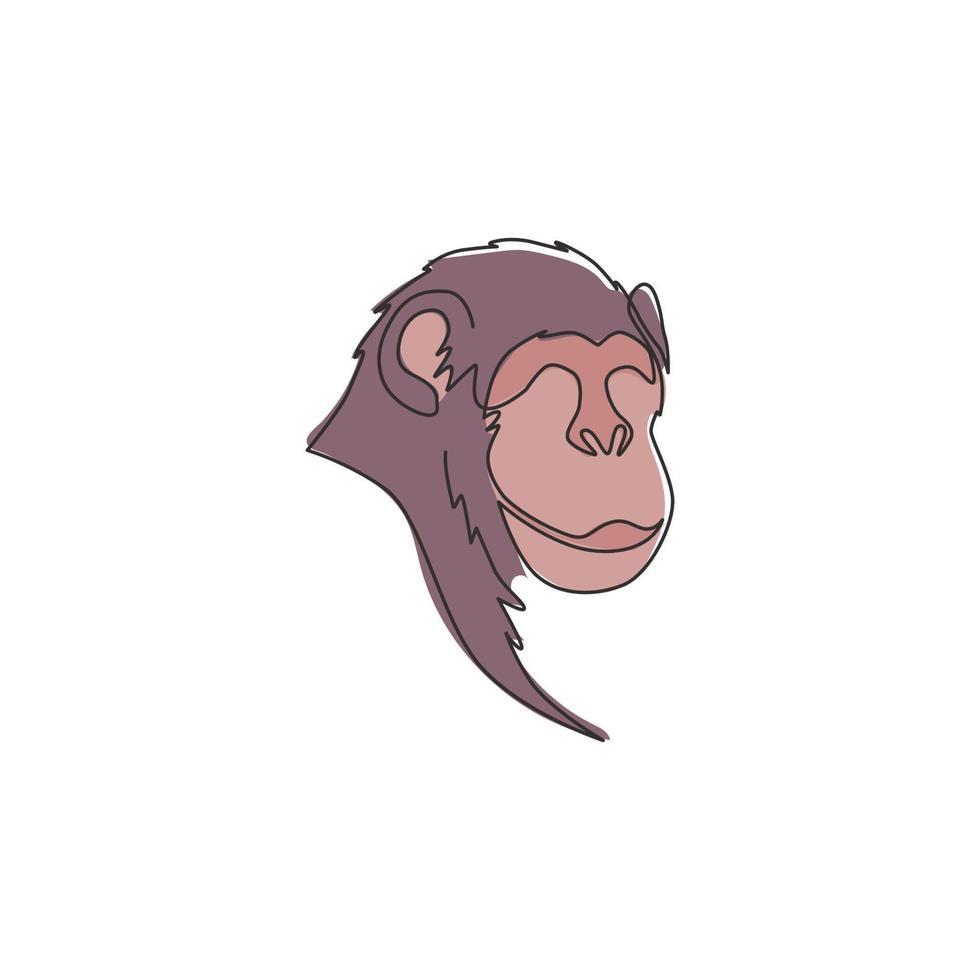 One single line drawing of cute smiling chimpanzee head for company business logo identity. Adorable chimp animal mascot concept for corporate icon. Continuous line draw design vector illustration