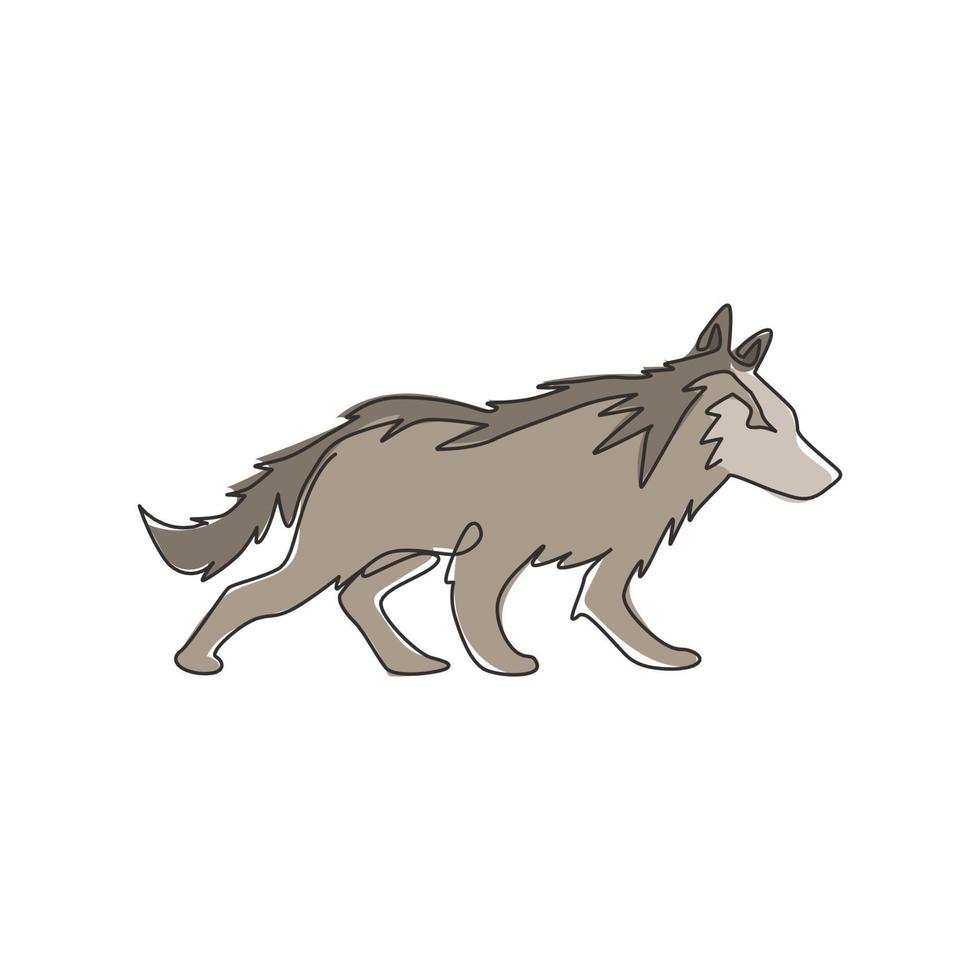 Single continuous line drawing of mysterious wolf for e-sport team logo identity. Strong wolves mascot concept for national park icon. Trendy one line draw design vector graphic illustration