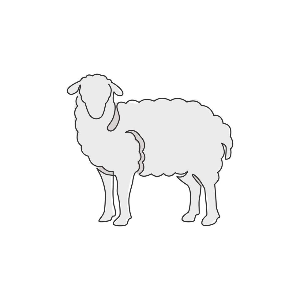 One continuous line drawing of funny cute sheep for livestock logo identity. Lamb emblem mascot concept for cattle icon. Trendy single line draw design vector graphic illustration