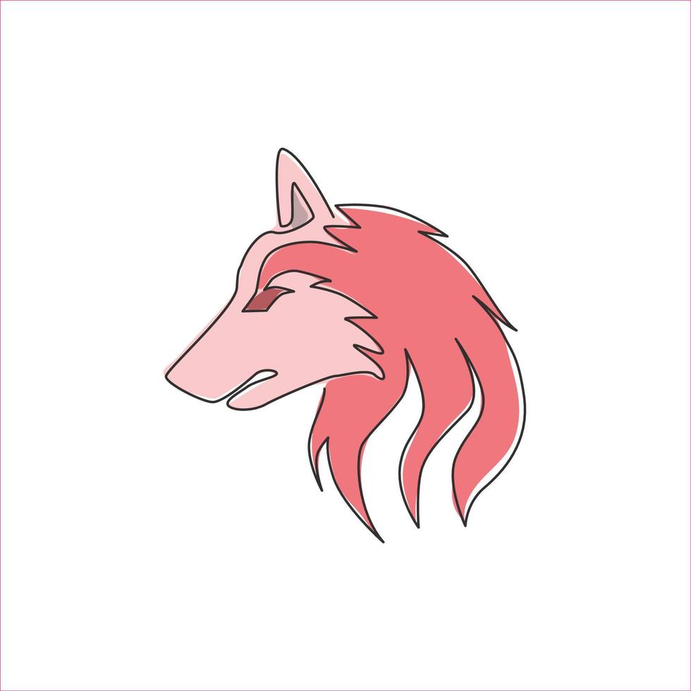 One single line drawing of dangerous wolf head for hunter club logo identity. Strong wolves mascot concept for national zoo icon. Modern continuous line draw design vector graphic illustration