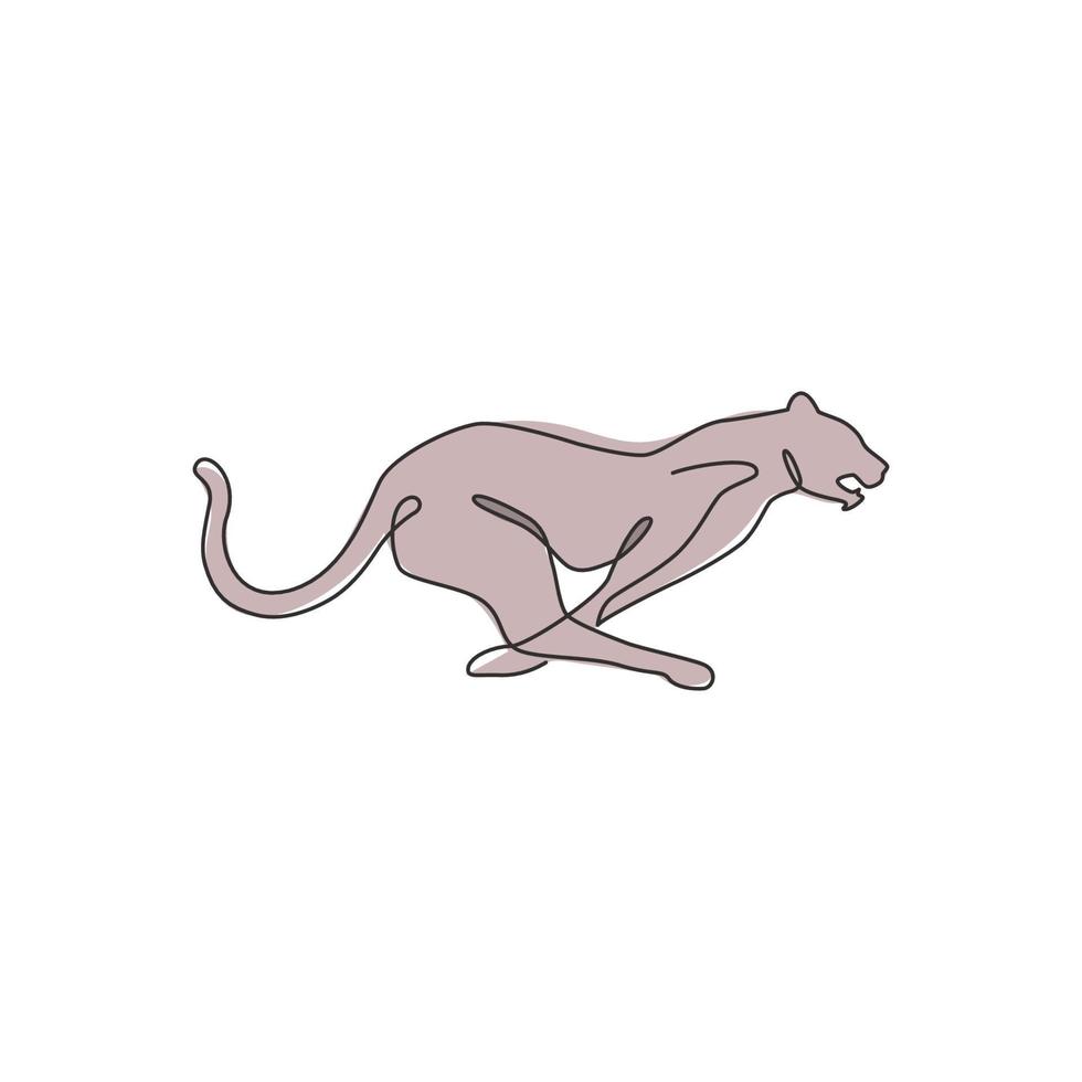 Single continuous line drawing of running cheetah for e-sport team logo identity. Leopard mascot concept for national zoo icon. Dynamic one line graphic draw design vector illustration