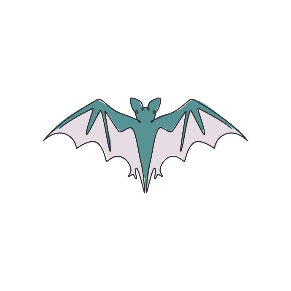 One continuous line drawing of scary bat for ghost house logo identity. Evil mammal animal mascot concept for horror symbol. Dynamic single line draw design illustration vector graphic