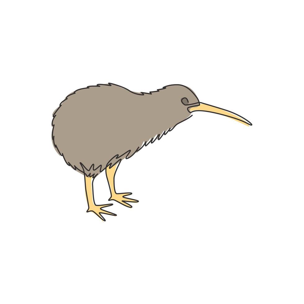 One continuous line drawing of little kiwi bird for city zoo identity. Kiwi mascot concept for typical New Zealand animal. Dynamic single line draw graphic vector design illustration
