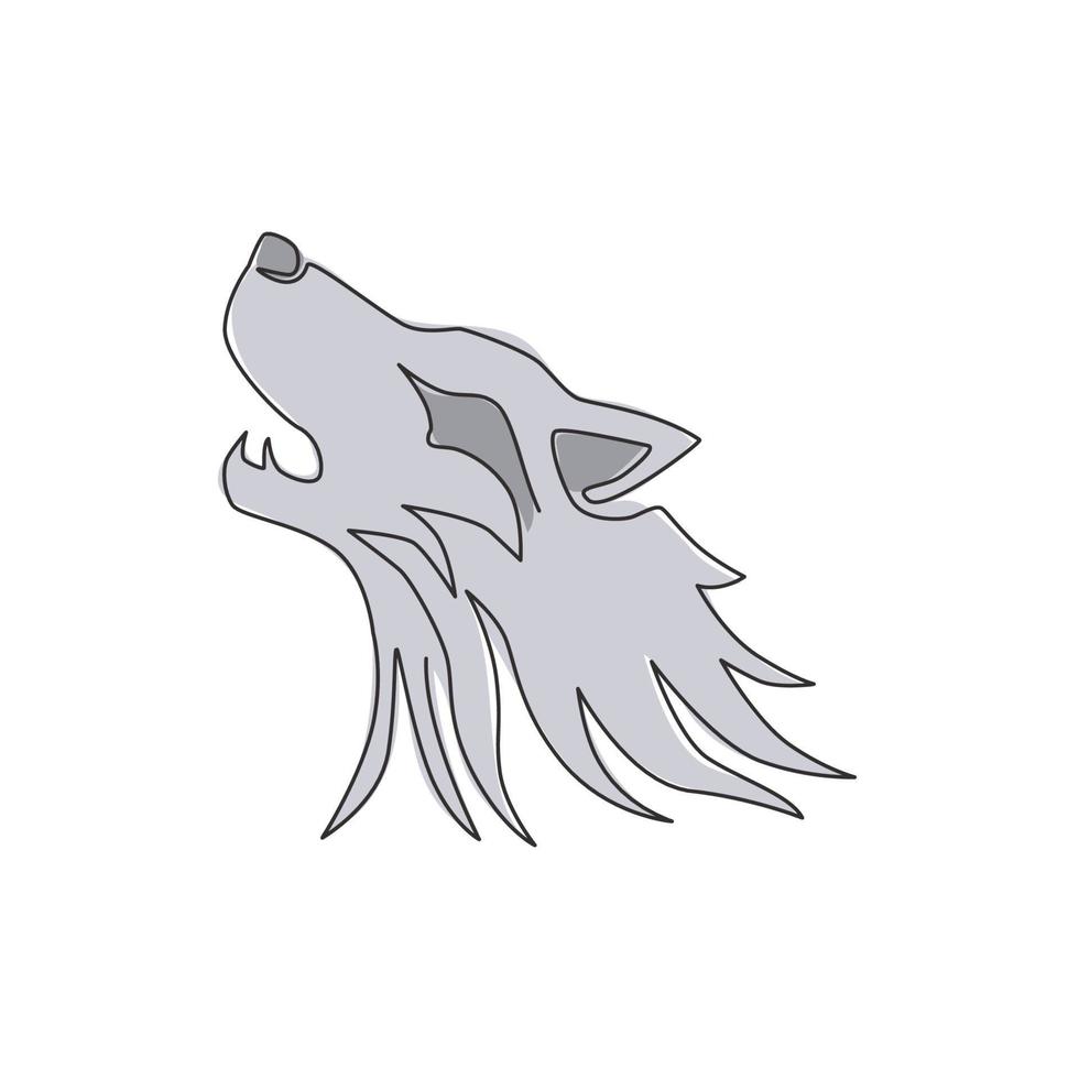 un dibujo de línea continua de una peligrosa cabeza de lobo para la identidad del logotipo de la empresa. concepto de emblema de la mascota de los lobos para el icono del parque de conservación. Ilustración gráfica de vector de diseño de dibujo de línea única de moda