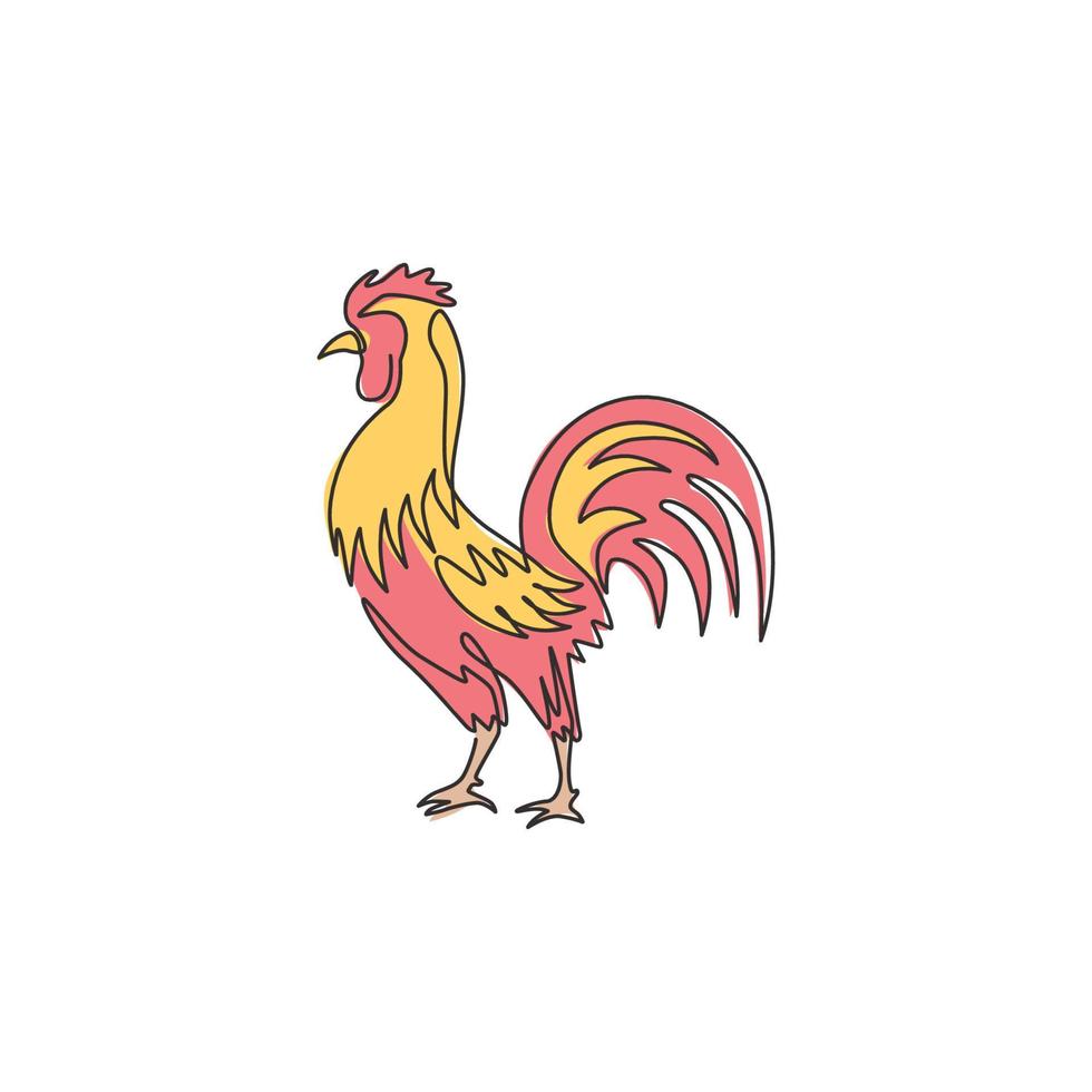 un dibujo de línea continua de gallo duro para la identidad del logotipo de la empresa avícola. concepto de mascota de pollo para icono de comida de carne orgánica. Ilustración de diseño de dibujo de gráfico de vector de línea única dinámica