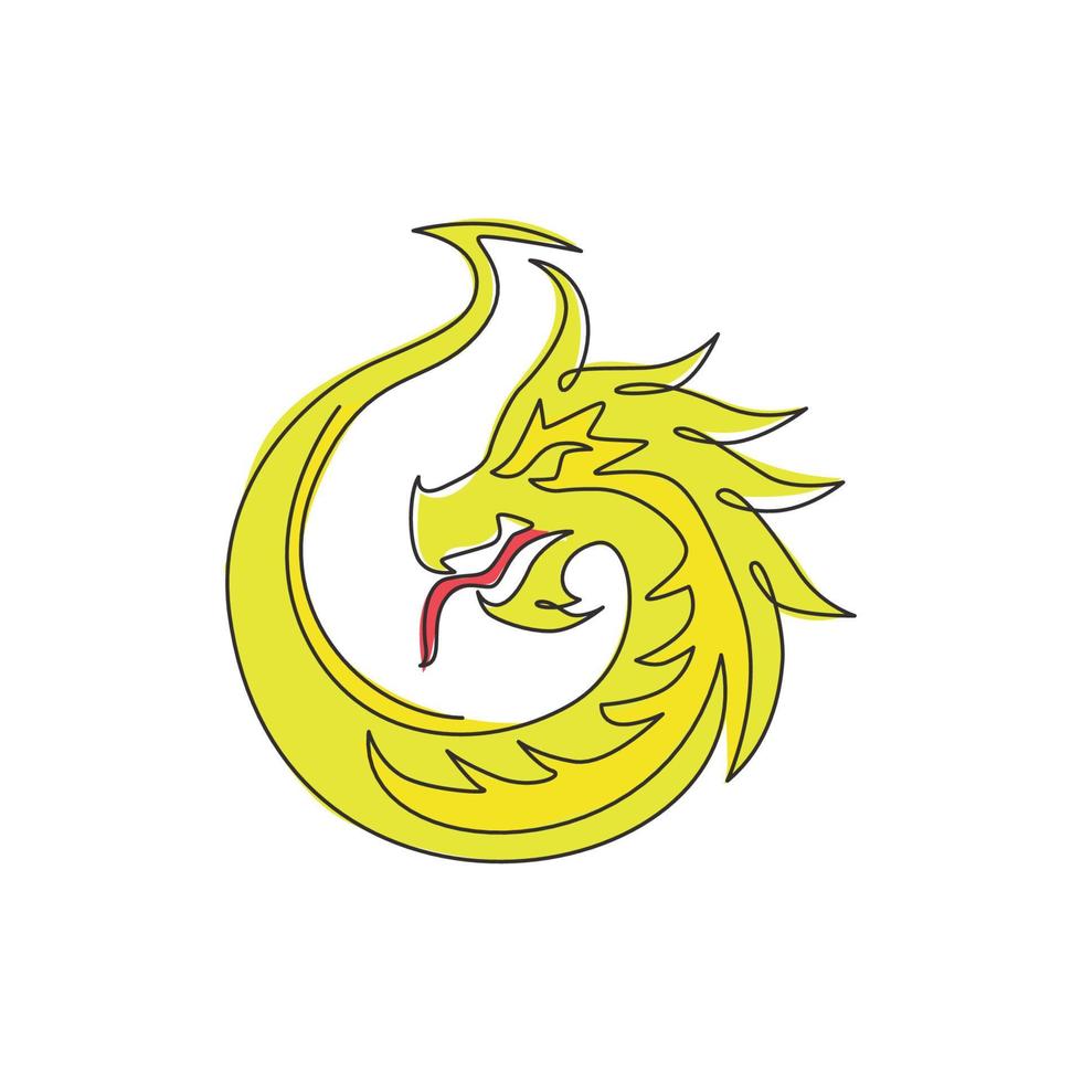 Un dibujo de una sola línea del dragón bestia aterrador para la identidad del logotipo del museo antiguo de China. concepto de mascota animal de cuento de hadas de leyenda para la antigua organización china. ilustración de diseño de dibujo de línea continua vector