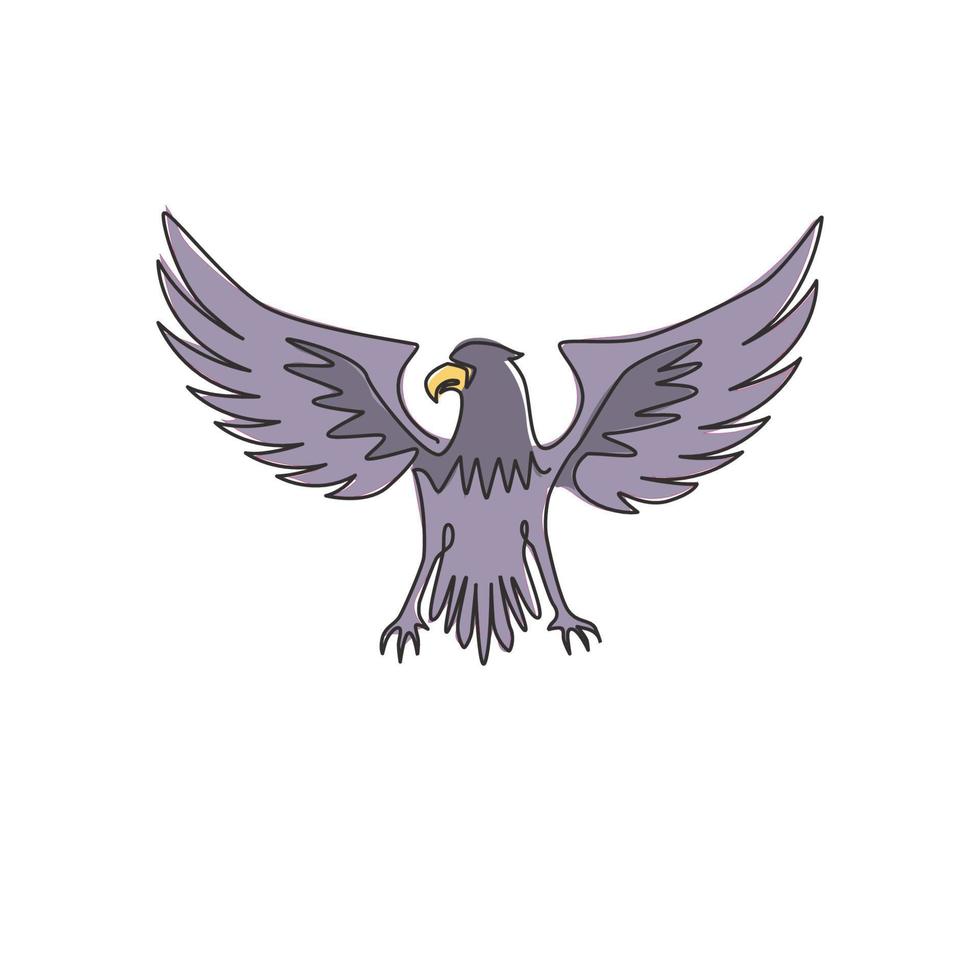 Single continuous line drawing of heroic eagle for e-sport team logo identity. Falcon bird mascot concept for graveyard icon. Dynamic one line vector draw graphic design illustration