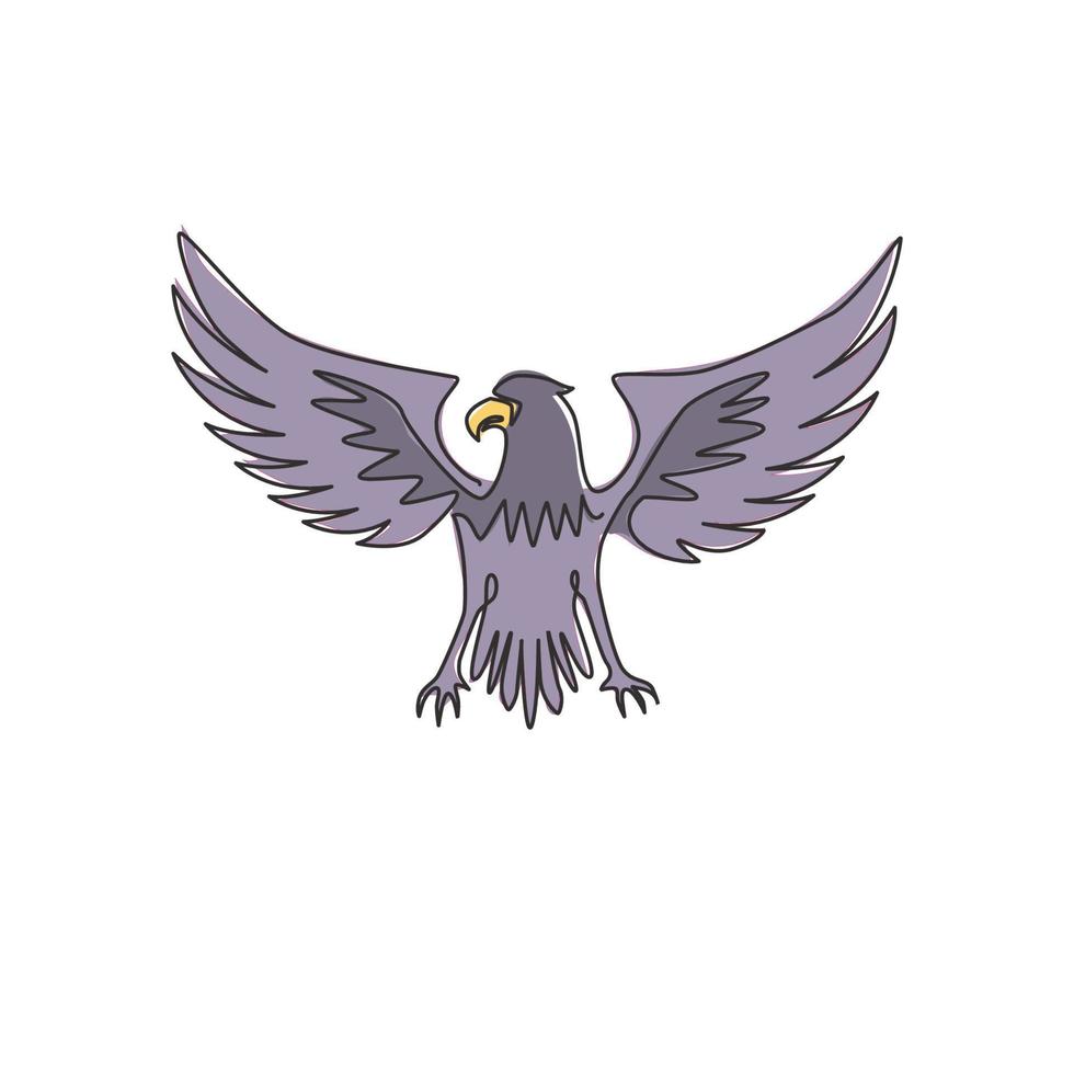 Single continuous line drawing of heroic eagle for e-sport team logo identity. Falcon bird mascot concept for graveyard icon. Dynamic one line vector draw graphic design illustration