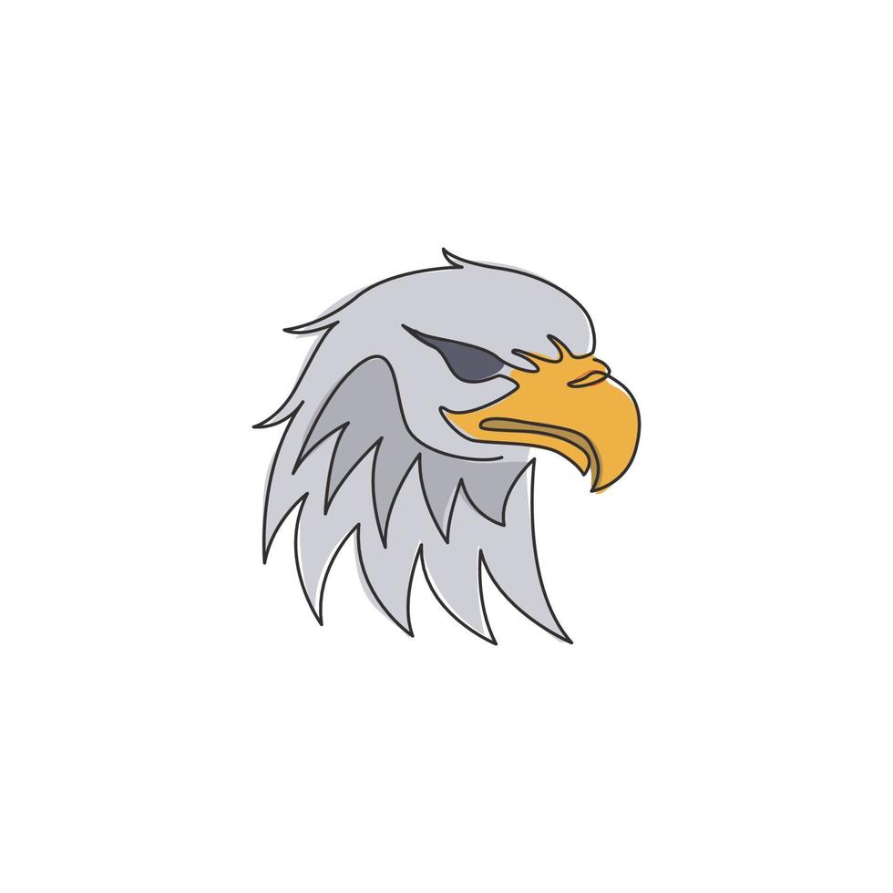 One continuous line drawing of strong eagle head for delivery service logo identity. Hawk mascot concept for bird conservative park icon. Trendy single line draw design vector graphic illustration