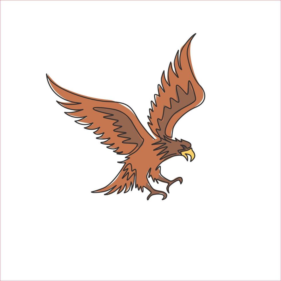 One continuous line drawing of strong eagle for delivery service logo identity. Hawk mascot concept for bird conservative park icon. Modern single line draw vector graphic design illustration